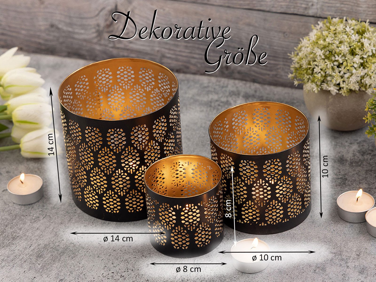 Amagohome Teelichthalter Kerzenständer 3er Set Windlicht Teelichthalter rund schwarz gold (3 St) – Bild 5 von 5