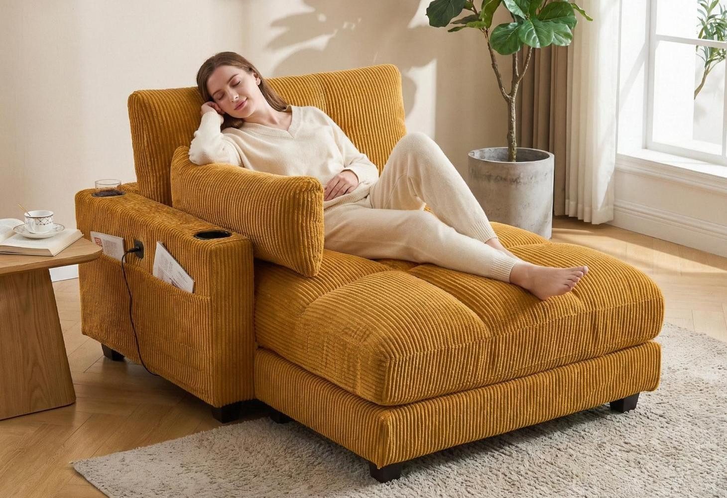 LVHOM Polsterliege Ottomane/Loungesofa/Polsterbett/Daybett/Gästebetten/Schlafsofa (USB/Typ C-Ladeanschlüssen, Seitentaschen, Getränkehalter, modularer Flexibilität Palmen Sessel, links & rechts tauschbare Armlehnen, Schlaffunktion, Platzsparend, 1-St., Multifunktional für Kleinwohnung, Homeoffice und Gästeübernachtung), Perfekt für Wohnzimmer, Schlafzimmer, Jugendzimmer, Gästezimmer