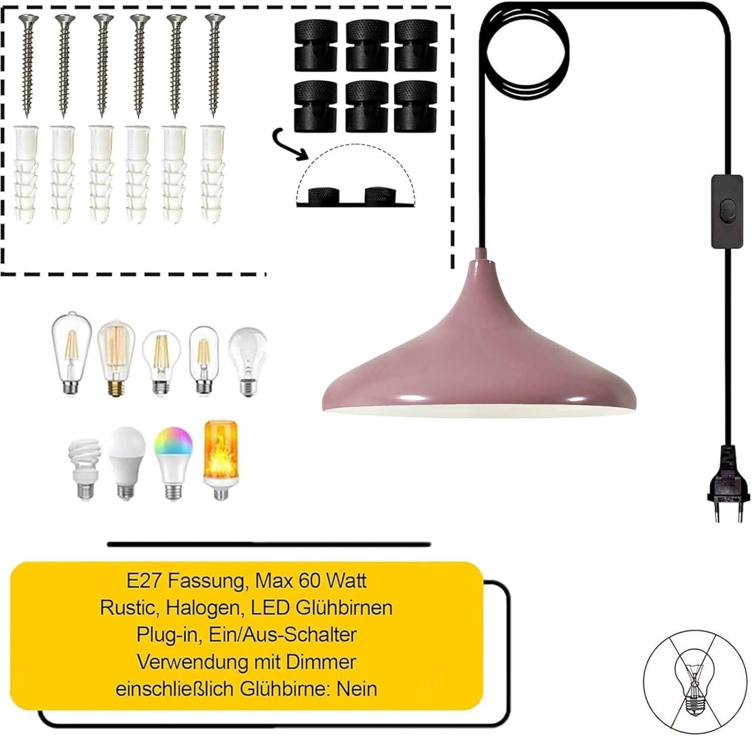 Bamyum Pendelleuchte Champion Pendelleuchte mit Stecker 35 cm, Metall mit 450 cm Kabel, ohne Leuchtmittel – Bild 4 von 5