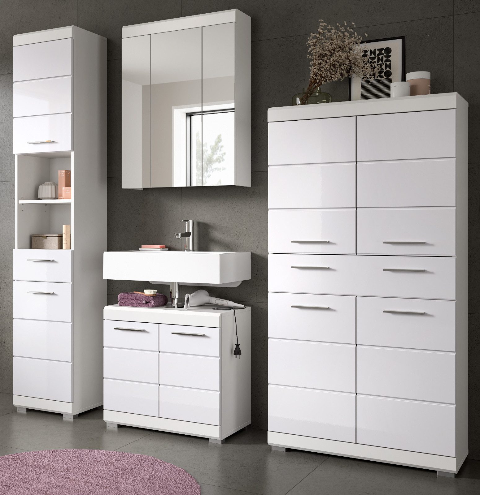 Inn.Furn Badmöbel-Set Shawn, (Badezimmer in weiß Hochglanz, 4-teilig, 200 x 191 cm), mit 4-türigem Midischrank