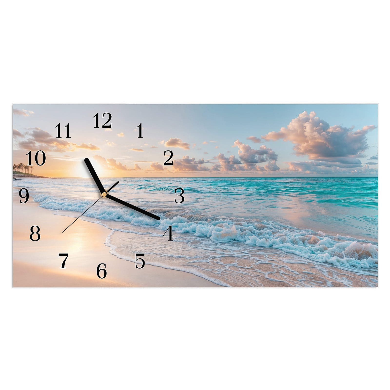 Primedeco Wanduhr Glasuhr Wandkunst Größe 60 x 30 cm mit Motiv Sonnenaufgan günstig online kaufen