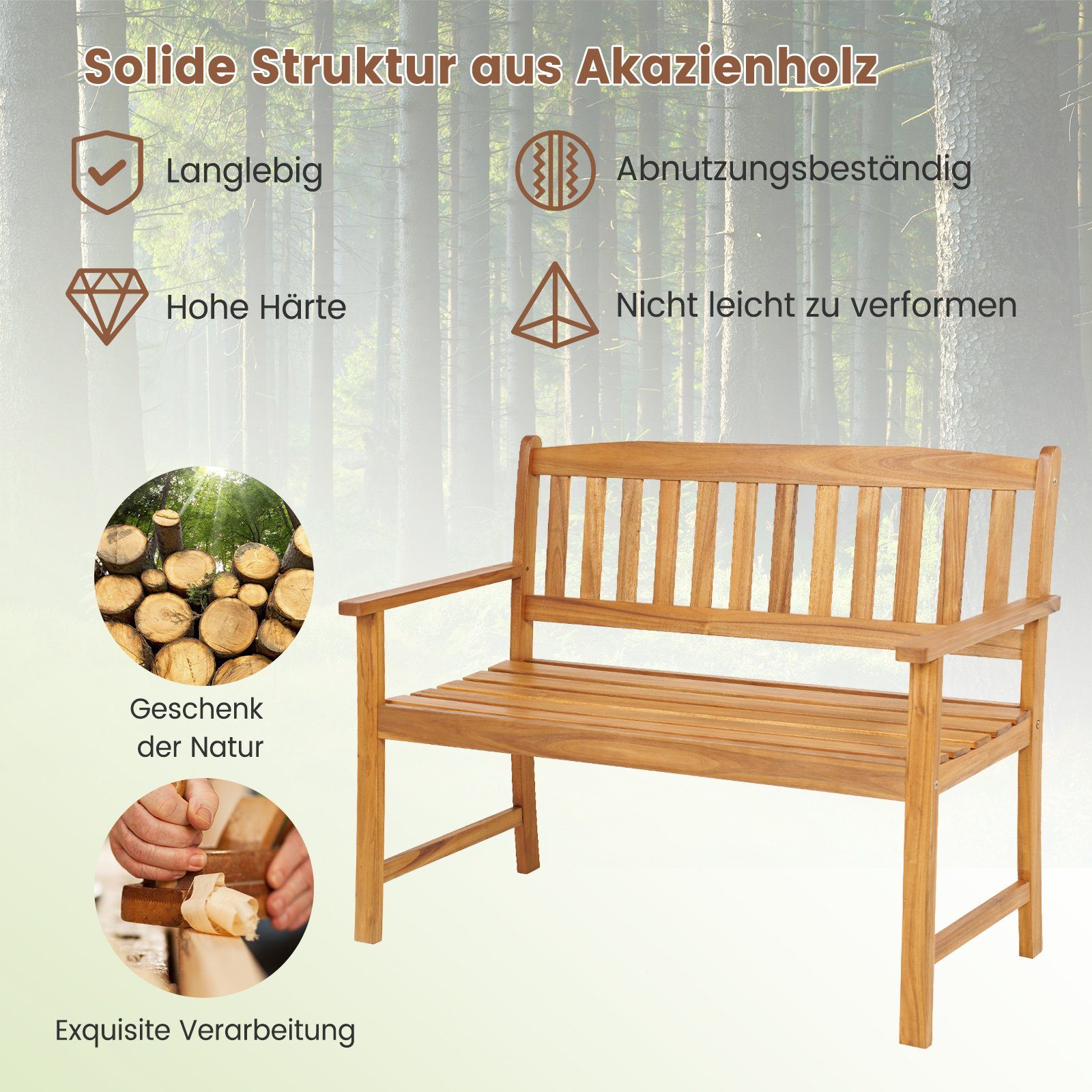 COSTWAY Gartenbank, 2 Sitzer, Akazienholz, bis 360kg, 110x55x86cm