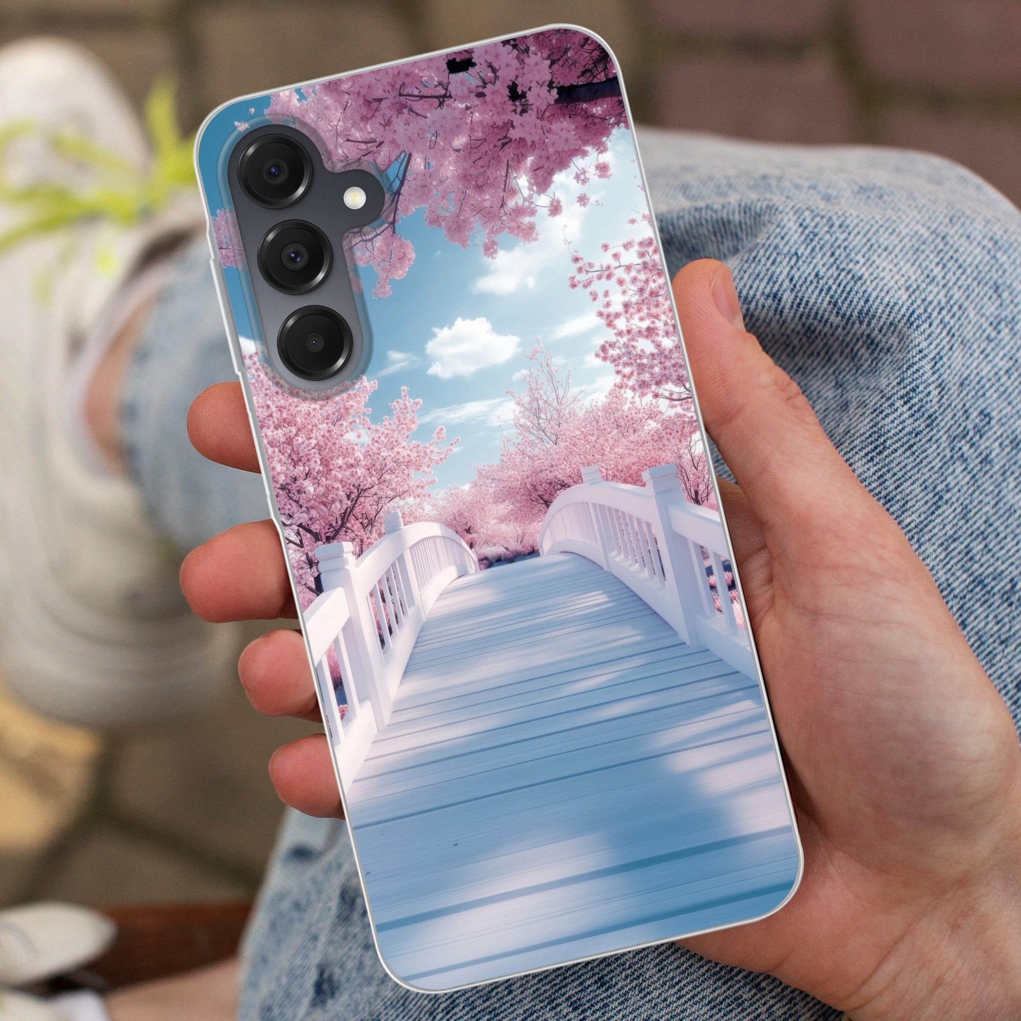 MuchoWow Handyhülle für Samsung Galaxy A16 5G Brücke - Kirschbäume - Weiß, Phone Case, Silikon, Schutzhülle Dünn