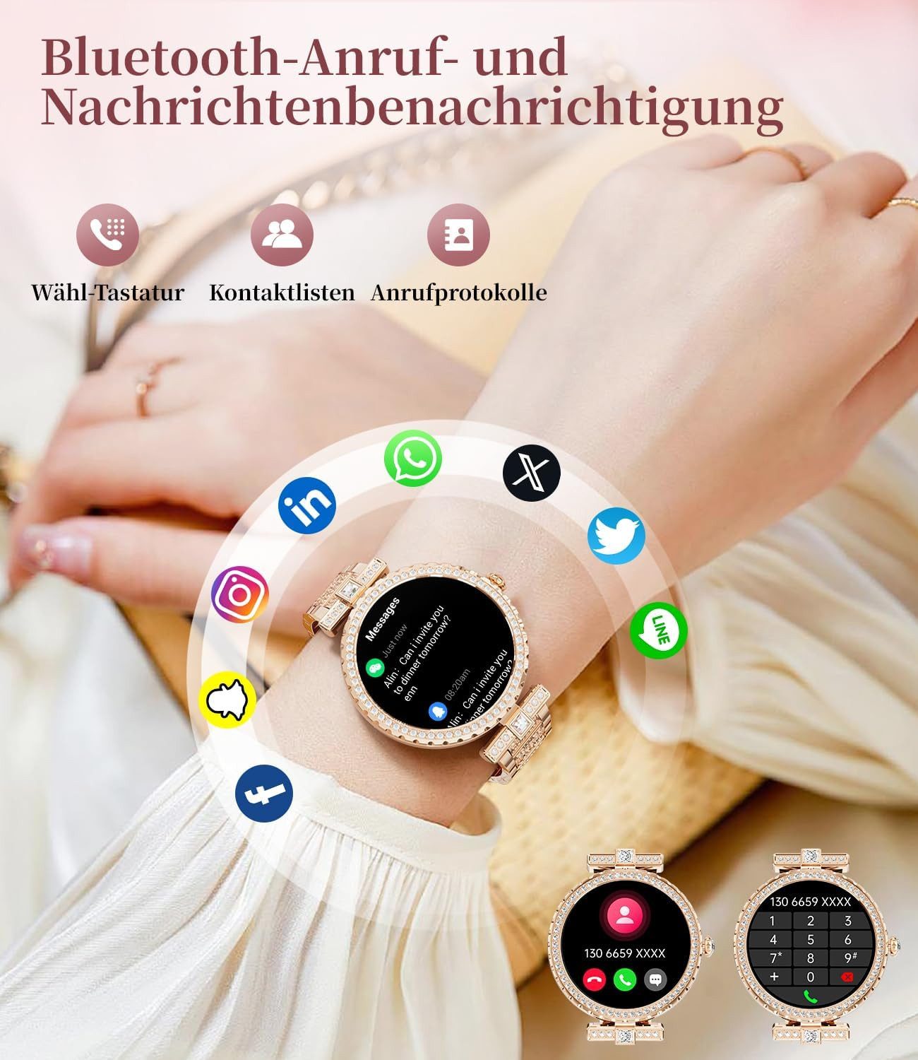 Lige IP68 wasserdicht Diamon Telefonfunktion; Damen's Fitness Tracker Smartwatch (3 cm/1,19 Zoll, Android iOS), mit 100+ Sportmodi, 24H Herzfrequenz Schlafmonitor AMOLED display