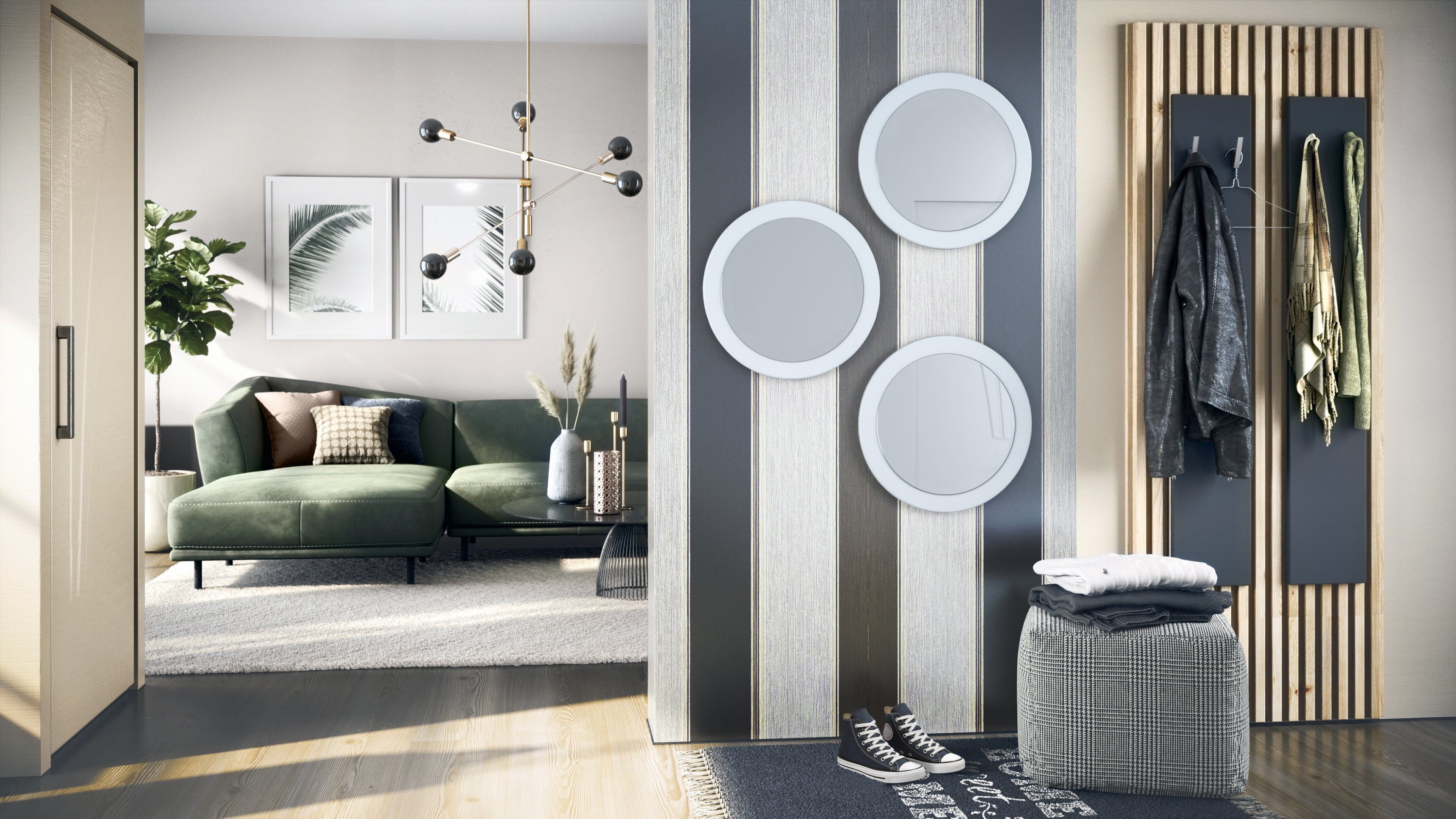 Vladon Wandspiegel MDF-Rahmen), Wohnzimmer (50 Globe (3 runde mit Durchmesser) und Weiß in Flur Spiegel, für dekorative cm matt
