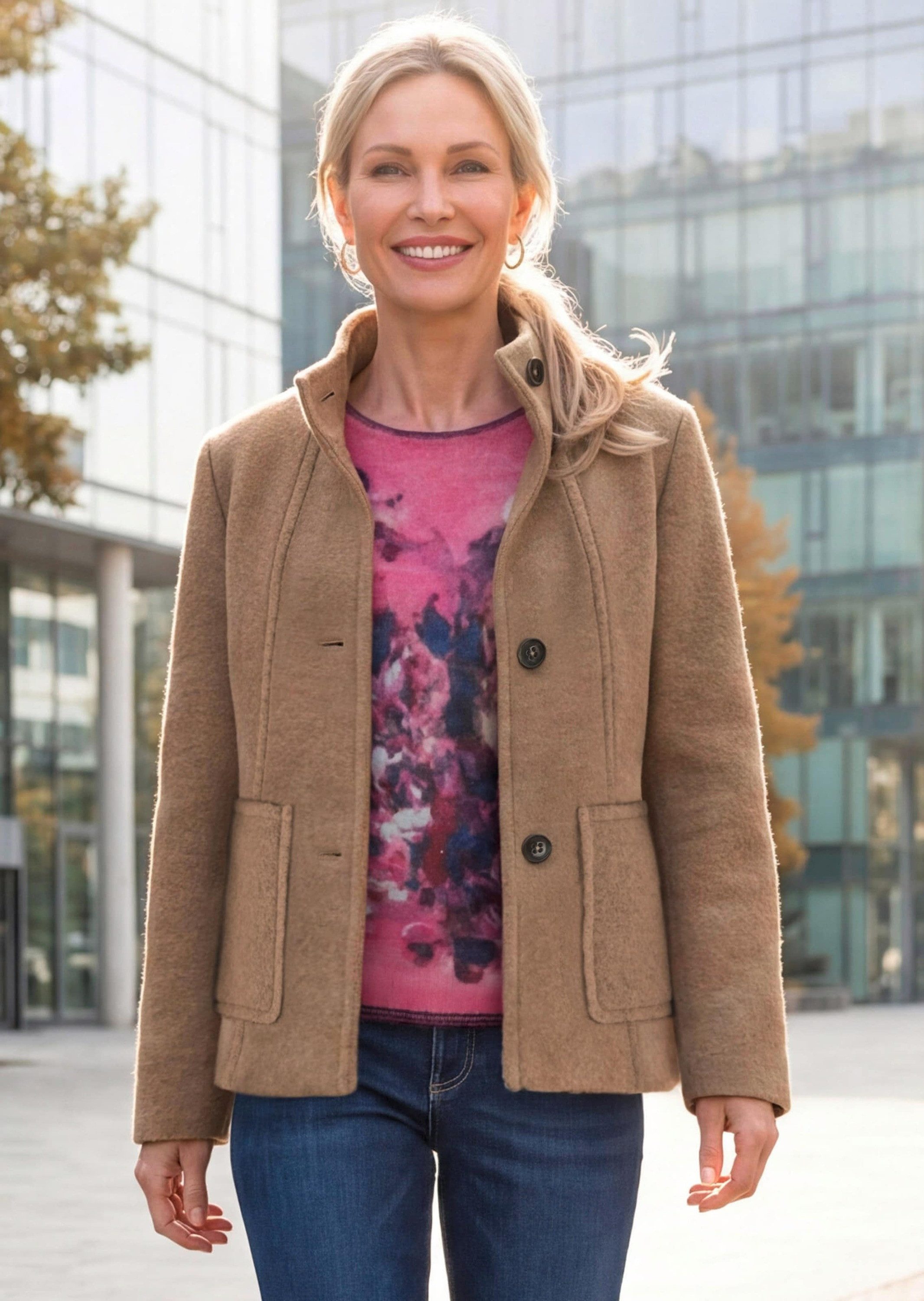 GOLDNER Wolljacke Elegante Kurzjacke mit Stehkragen Businessjacke mit Knopfverschluss, aufgesetzten Taschen und Langarm