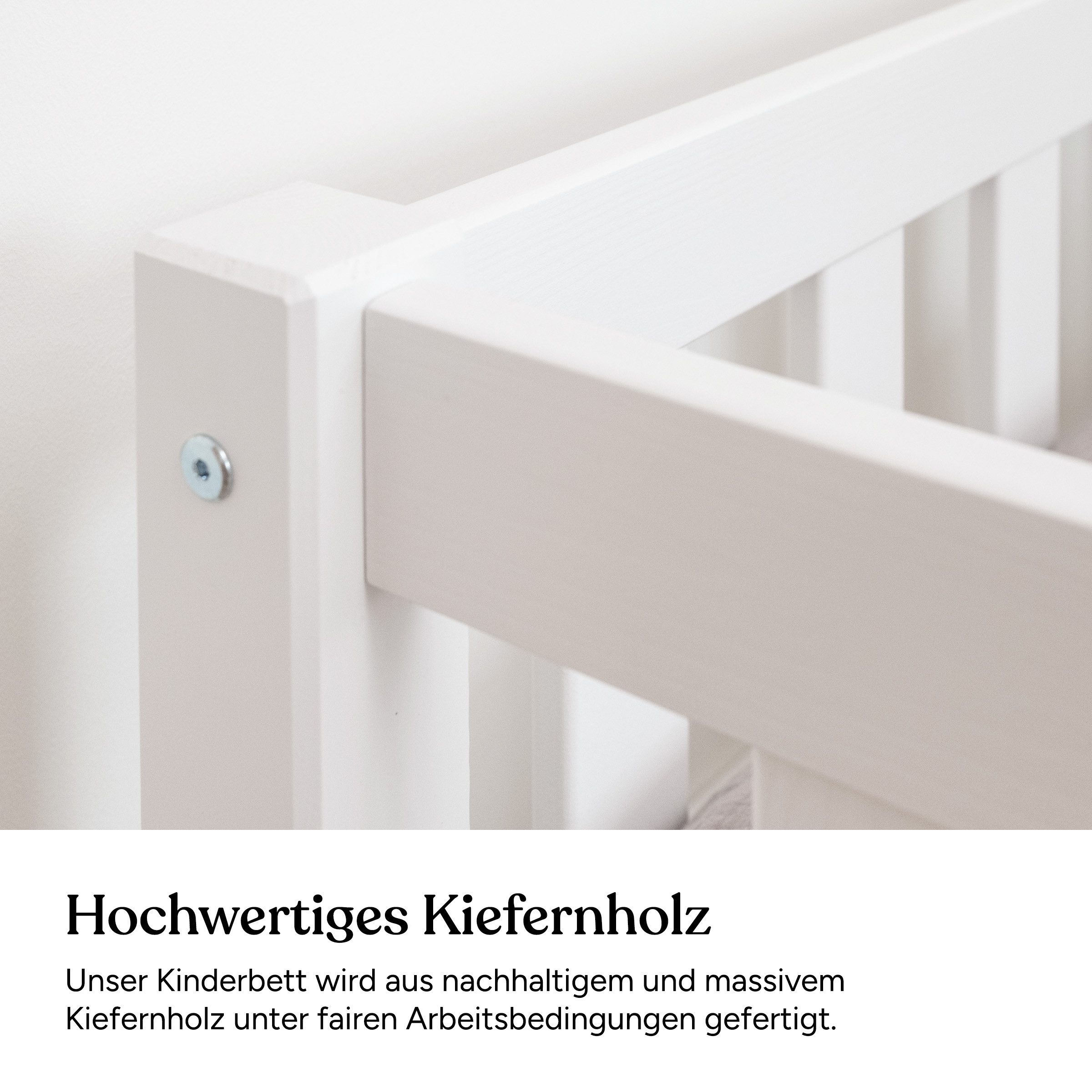 Ehrenkind Kinderbett Lille aus massivem Kieferholz inkl. Rollrost und Rausfallschutz (90x200 cm Weiß, 2-in-1: Mit optionalem Umbauset zum Bodenbett umbaubar), f – Bild 5 von 5