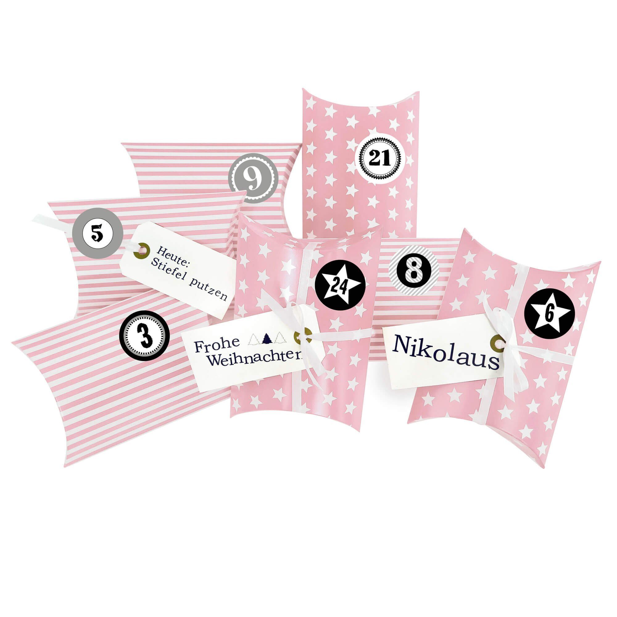 Frau WUNDERVoll Календарі zum Selbstbasteln Adventskalender Christkind,Kissenschachteln rosa Sterne und Streifen
