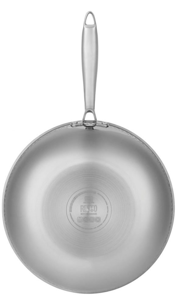 RESTO Kitchenware Wok Crater tiefe Pfanne aus Tri-Ply (Edelstahl + Aluminium + Edelstahl), Edelstahl 18/10 (1-tlg), Energieeinsparung 25% durch die dreilagige Basis, ofenfest
