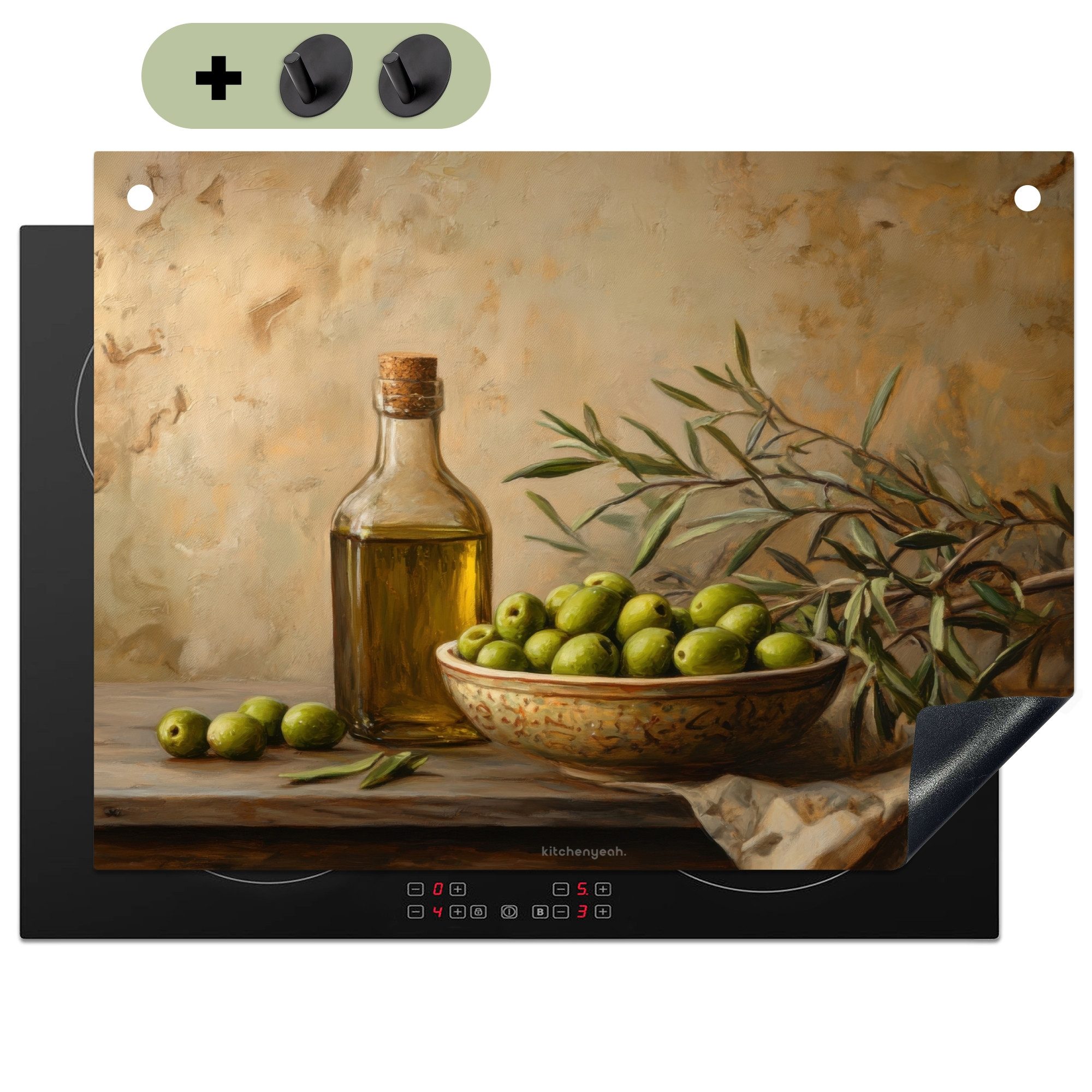 KitchenYeah Küchenrückwand Oliven - Stilleben - Vintage, (1-tlg), Cerankochfeld Abdeckung, Herd Abdeckplatten Vinyl, 71x52 cm