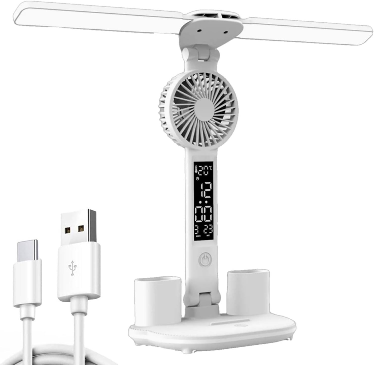 LIANNA LED Schreibtischlampe Schreibtischlampe 4 in 1 Dual Swing Arm LED Tischlampe, 1, LED fest integriert, Tageslichtweiß, mit Uhr und Ventilator für lange Stunden des Lesens, Studierens