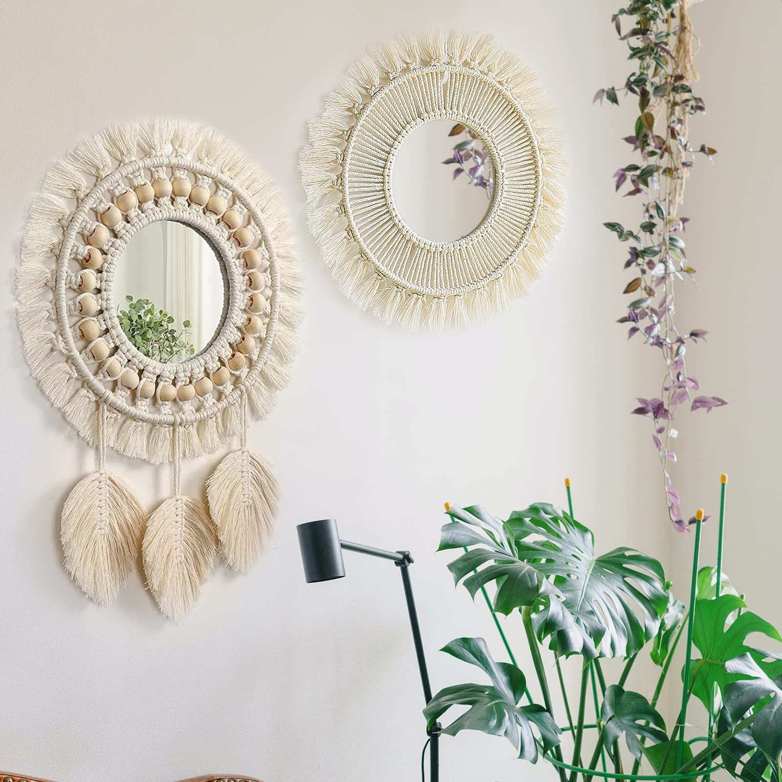 FOUORTUNATE-BEE Spiegel Boho Wandspiegel rund Makramee Fransen Deko Schlafzimmer Wohnzimmer, Runder Deko Spiegel mit Fransen Wanddeko Boho Zimmer Wohnung