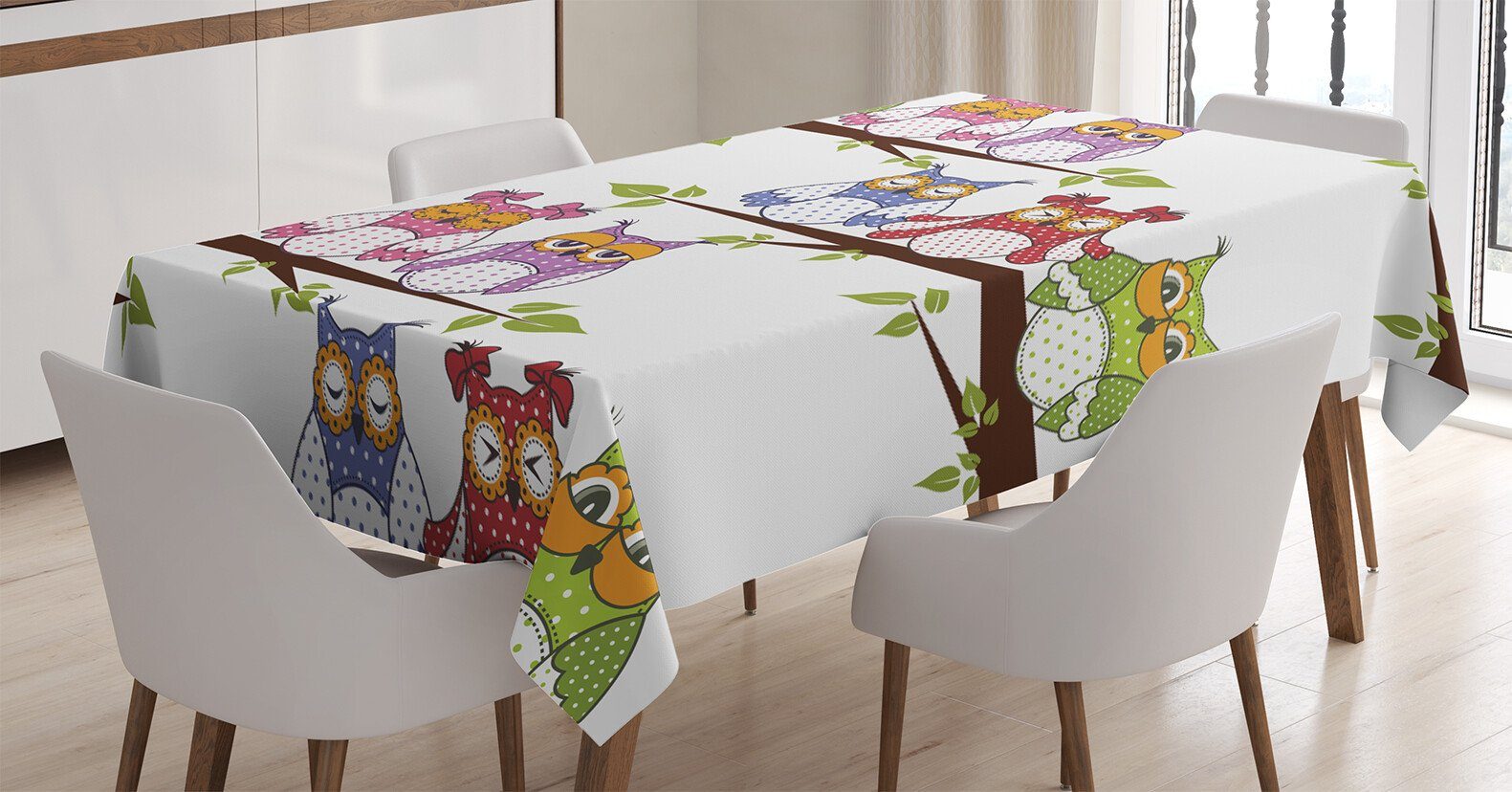 Abakuhaus Tischdecke Farbfest Waschbar Für den Außen Bereich geeignet Klare Farben, Eulen Vögel auf Baum-Zweig