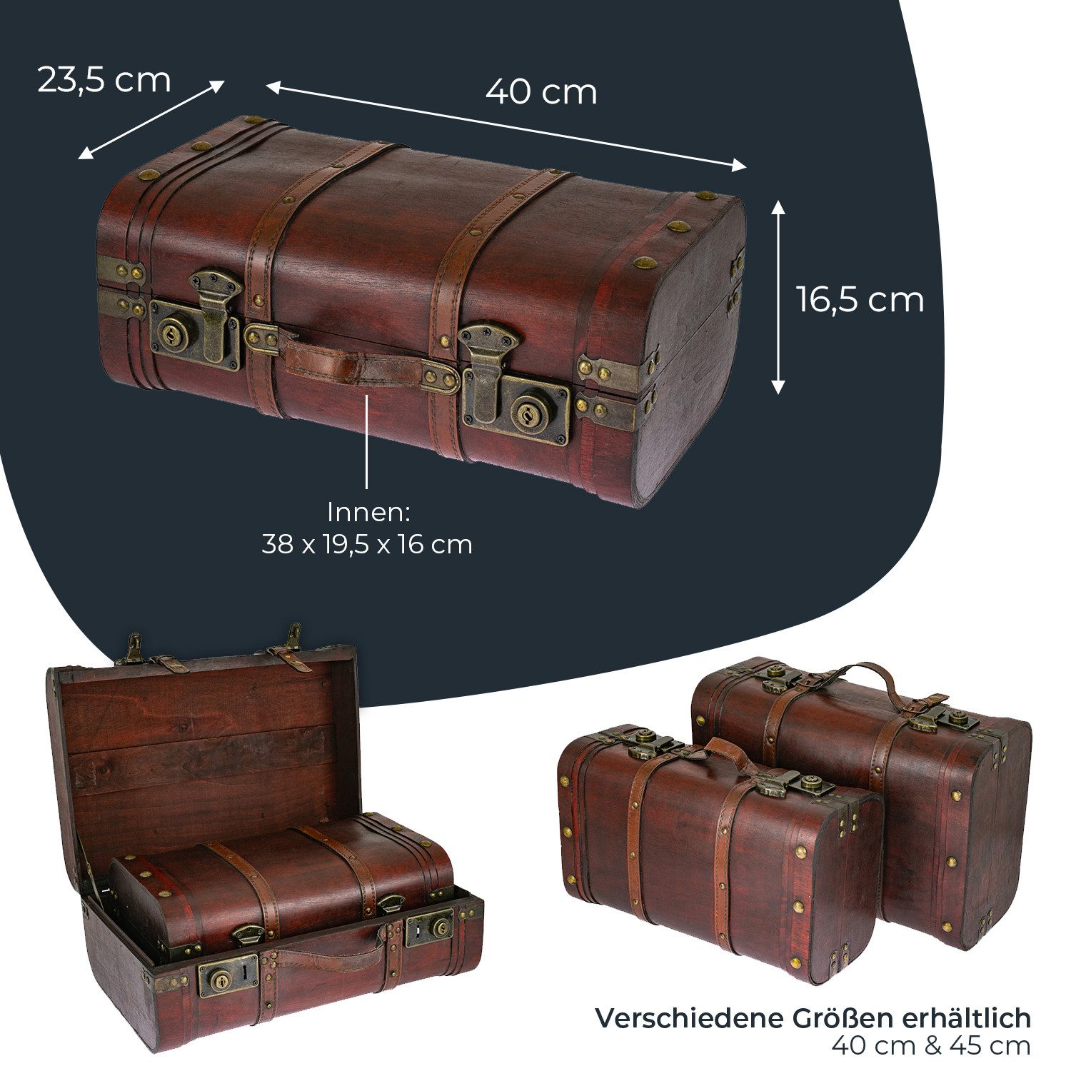 HMF Schatzkiste Schatztruhe aus Holz große Schatzkiste mit Schnappverschlüssen Vintage (1 St), Koffer für Kindergeburtstag Hochzeit Jubiläum 40 x 23,5 x 16,5 cm – Bild 5 von 5