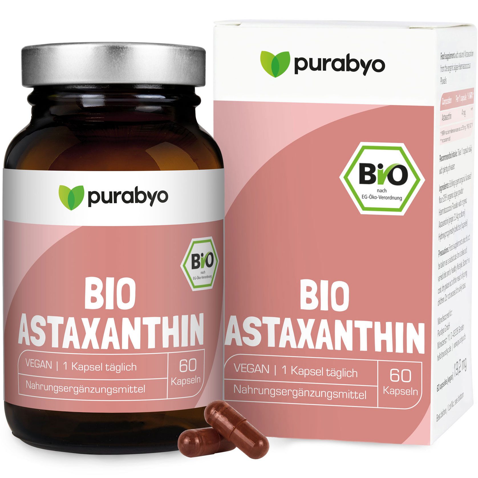Purabyo BIO Astaxanthin Kapseln, Mikroalge, Bio-EU-Landwirtschaft, im Glas Kapseln, 60 St., 25 g