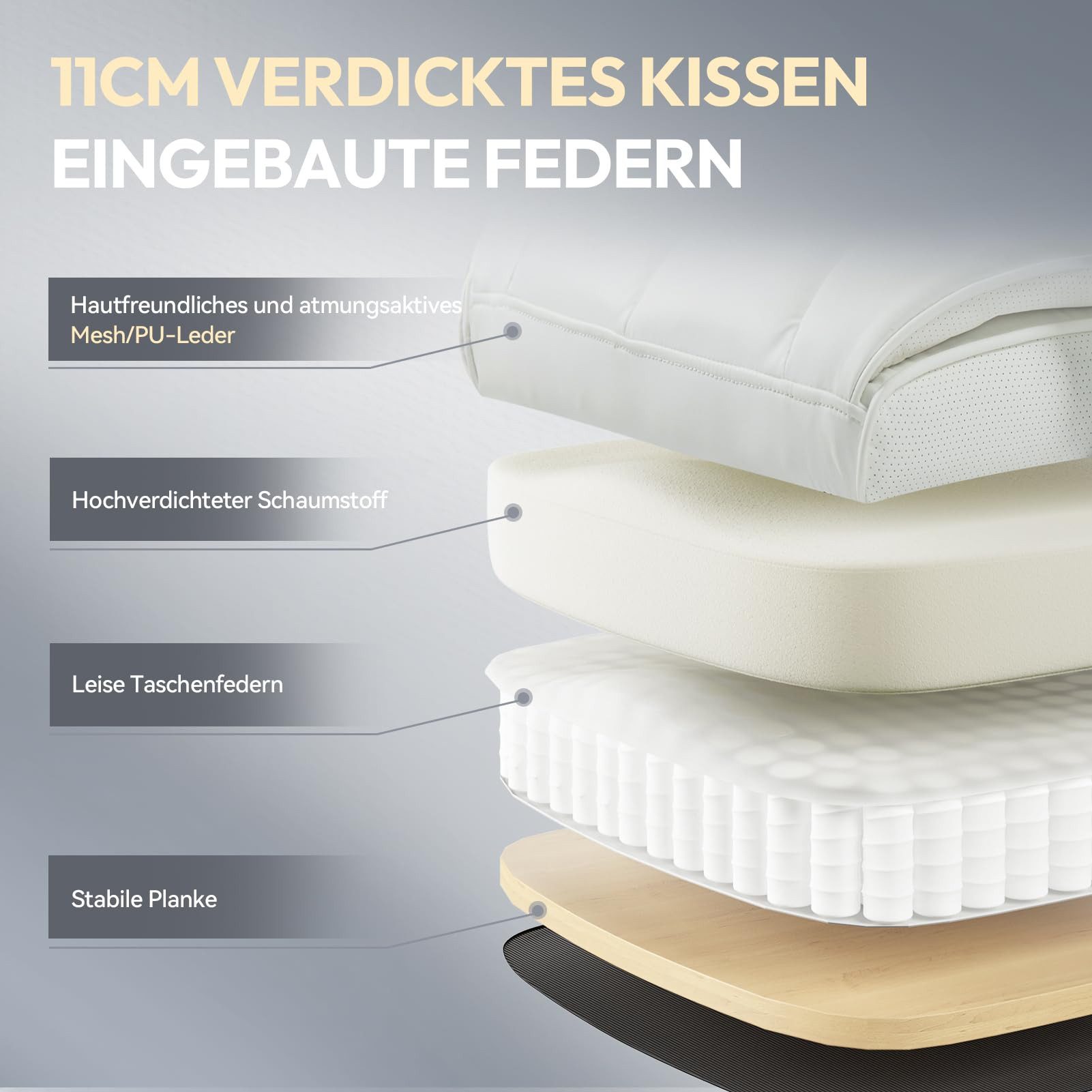 Dowinx Gaming-Stuhl Bürostuhl Ergonomisch mit Taschenfeder-Kissen (Packung), Chefsessel mit weiche Rückenlehne und verstellbare Lendenkissen