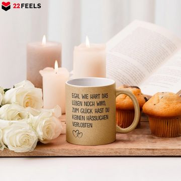 22Feels Tasse Verlobte Geschenk Frauen Verlobung Bekannt Geben Sie Spruch Heiraten, Keramik, Glitzertasse, Made in Germany