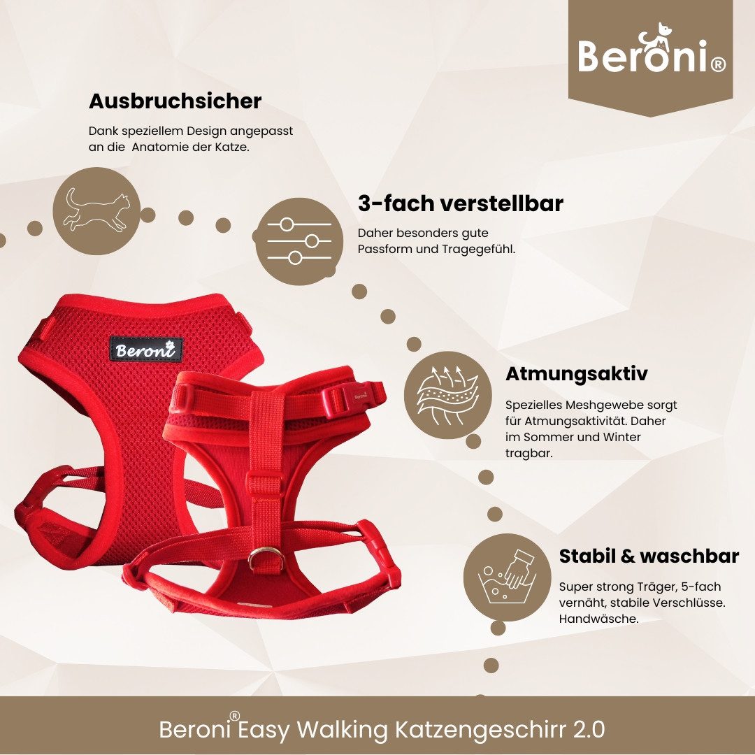 Beroni Geschirr Katzengeschirr für Katze Easy Walking 2.0 ausbruchsicher verstellbar, für große und kleine Katzen, Leine separat erhältlich, nicht über Kopf