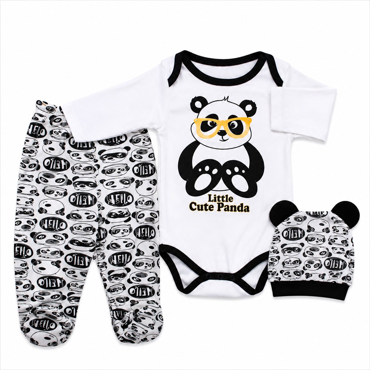 Jungengel Erstausstattungspaket Babyset Body Strampler Hose Mütze 100% Baumwolle Neugeborenen Set (Set, 3-tlg., 1 Langarmbody, 1 Babymütze, 3-teilig, 1 Fußhose) Little Cute Panda, 0-6 Monate erhältlich, 3-teiliges Babyset