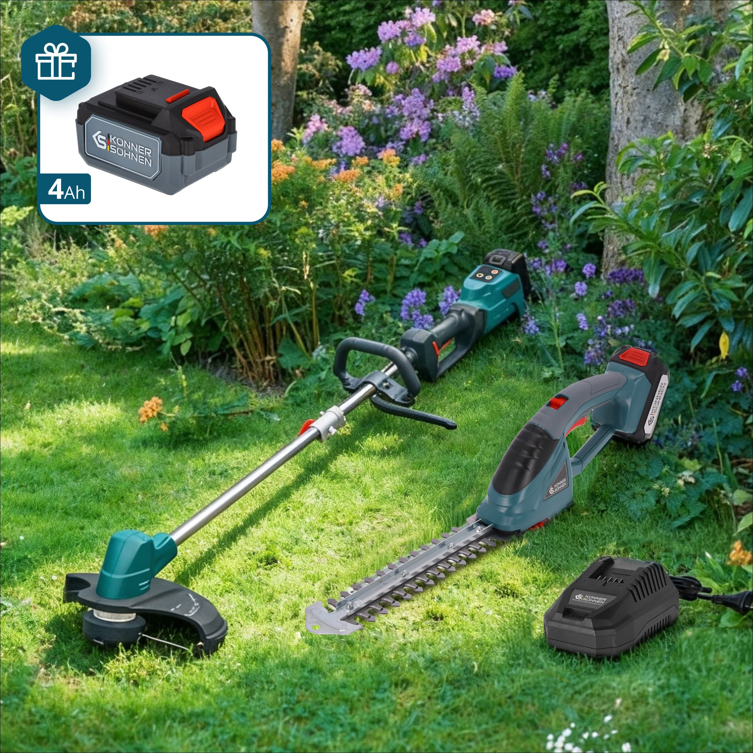 Könner & Söhnen Akku-Kettensäge KS SHT-BCT-SET, Gartenpflege-Set mit Schere, Trimmer, Akku & Ladegerät, 1-tlg., Inklusive 4Ah Akku als Geschenk & 4,5A Schnellladegerät, Bürstenloser Trimmer, Grasschere 2-in-1, 20V System