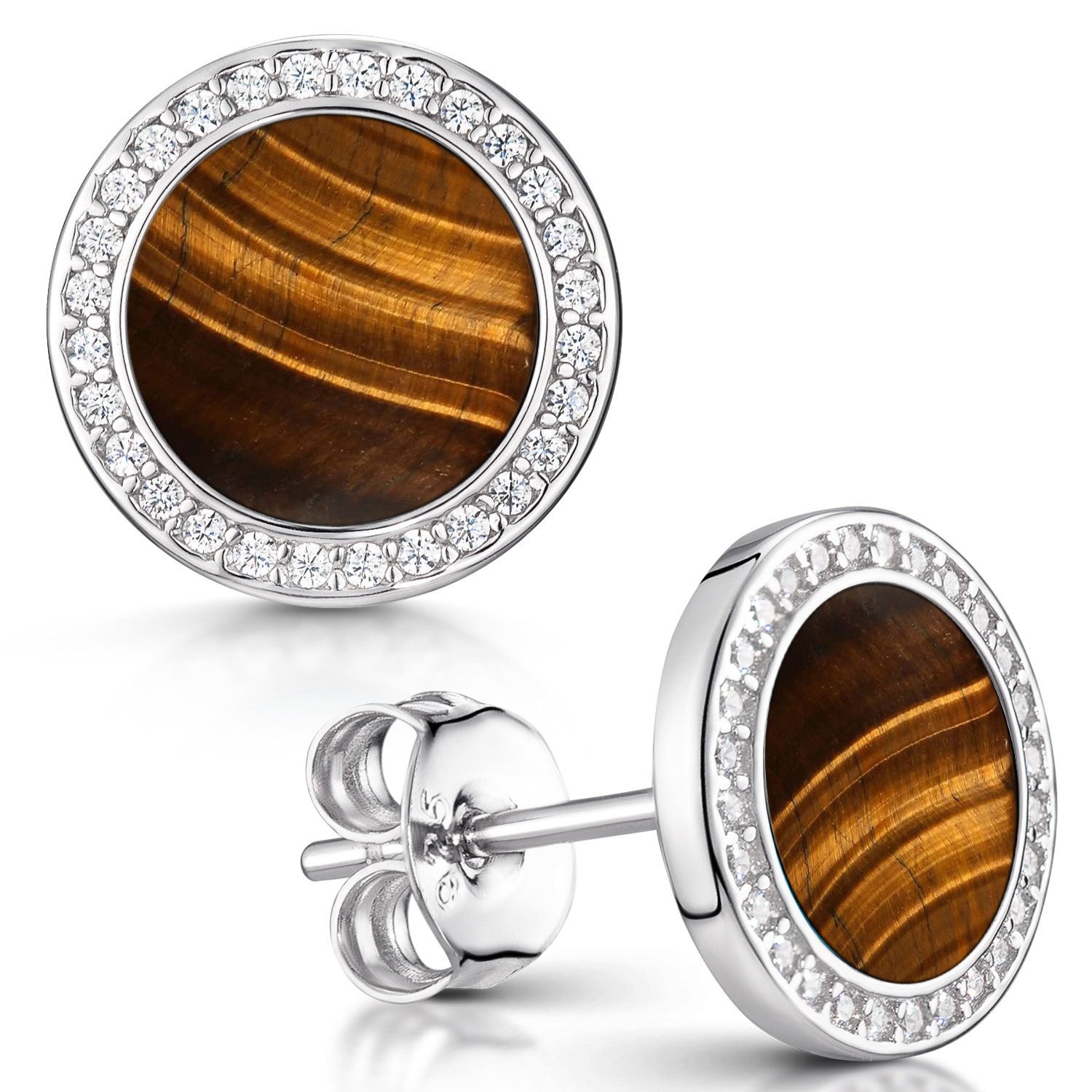 Materia Paar Ohrstecker Damen Ohrringe Tigerauge Braun Gelb mit Zirkonia SO-394, 925 Sterling Silber, rhodiniert