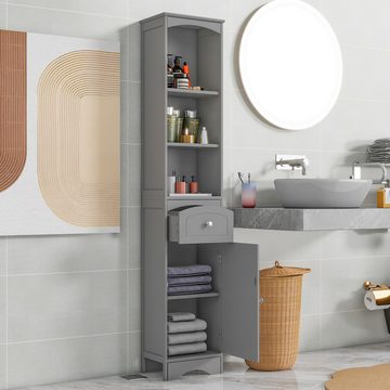 HT Hochschrank Badezimmerschrank mit Schublade, verstellbare Ablagen, 34x24x170cm