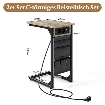 COSTWAY Beistelltisch (2er Set), mit Ladestation, USB Anschlüssen, C-Form