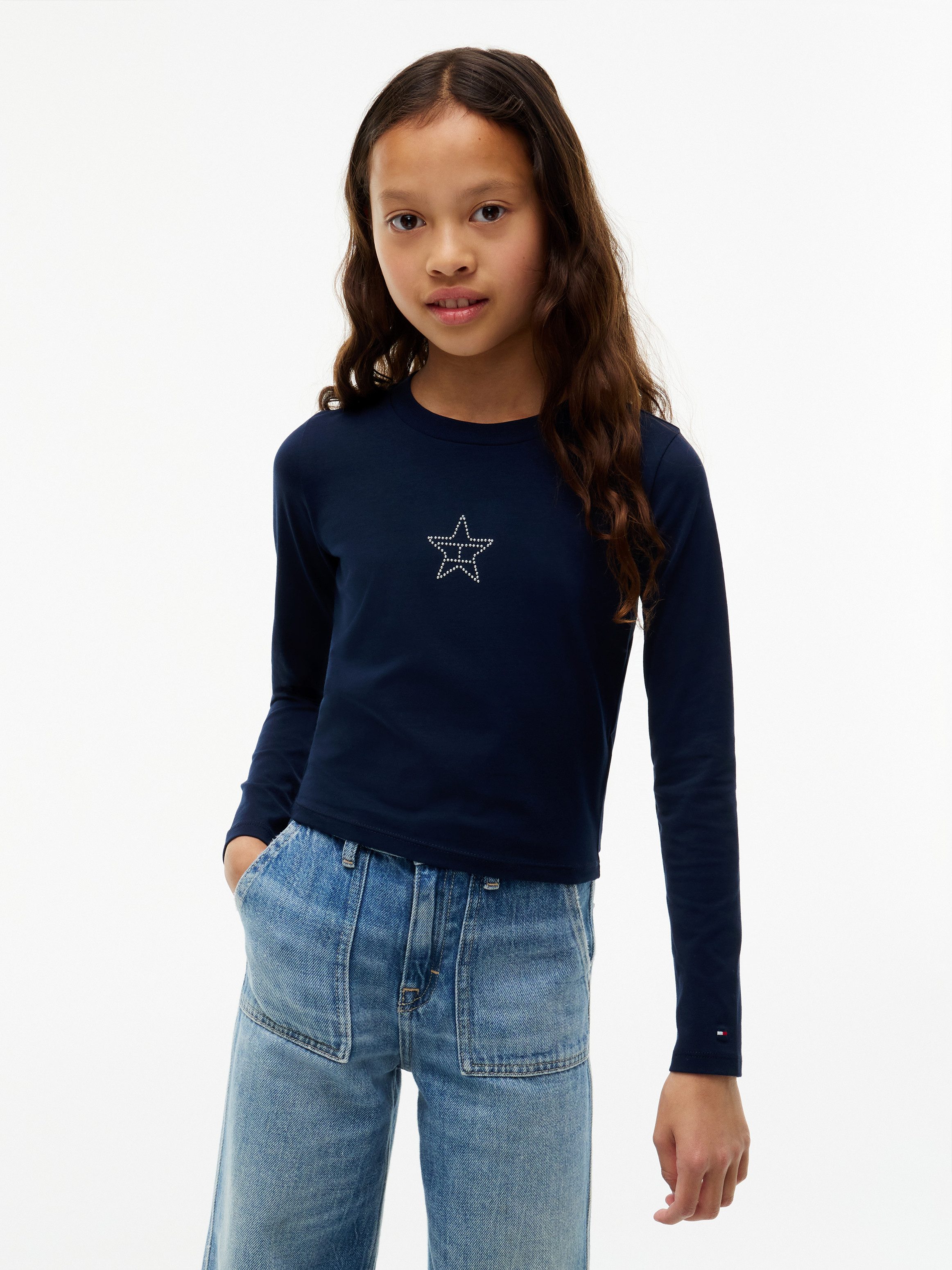 Tommy Hilfiger Langarmshirt STUD STAR FITTED TEE LS Glitzer-Druck, Baumwoll-Mix, Kinder bis 16 Jahre