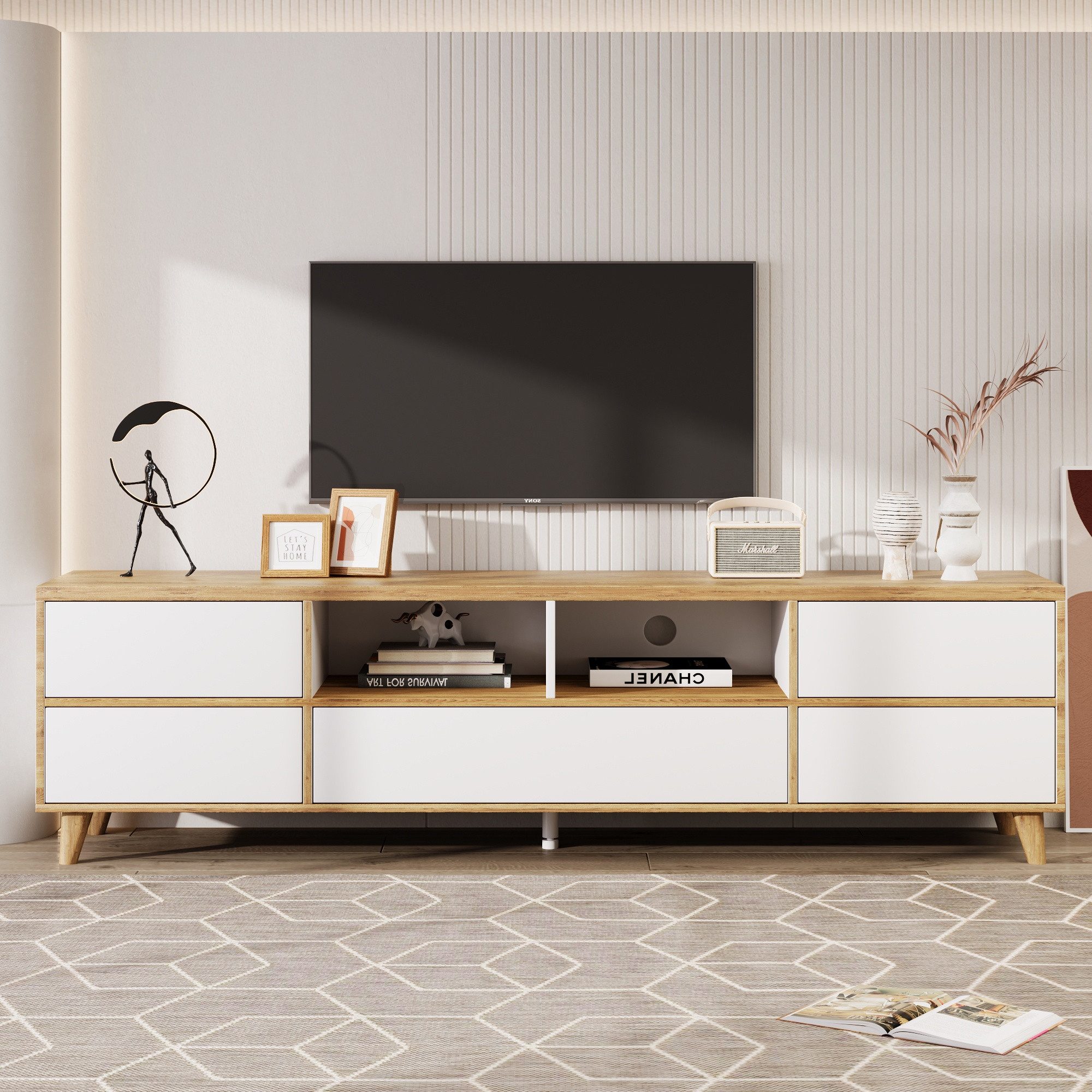 TV-Schrank Weiß/Holz TV-Lowboard Landhausstil mit Türen & Fächern