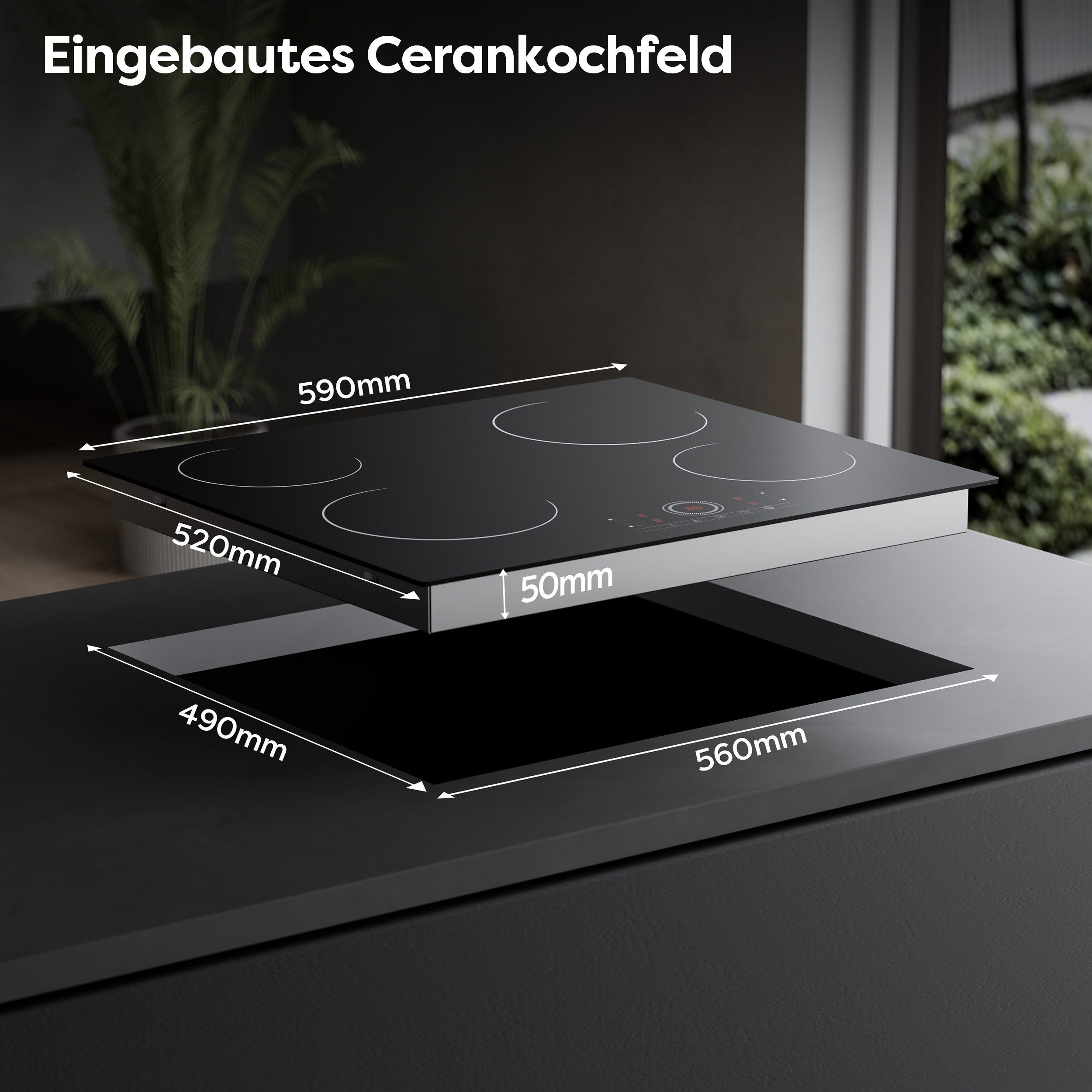 CDV Elektro-Kochfeld 59 cm Einbau Cerankochfeld CDVER604, Touch Control Einbau 4 Zonen Ceran-Kochfeld 9 Stufen mit Timer 6000 W