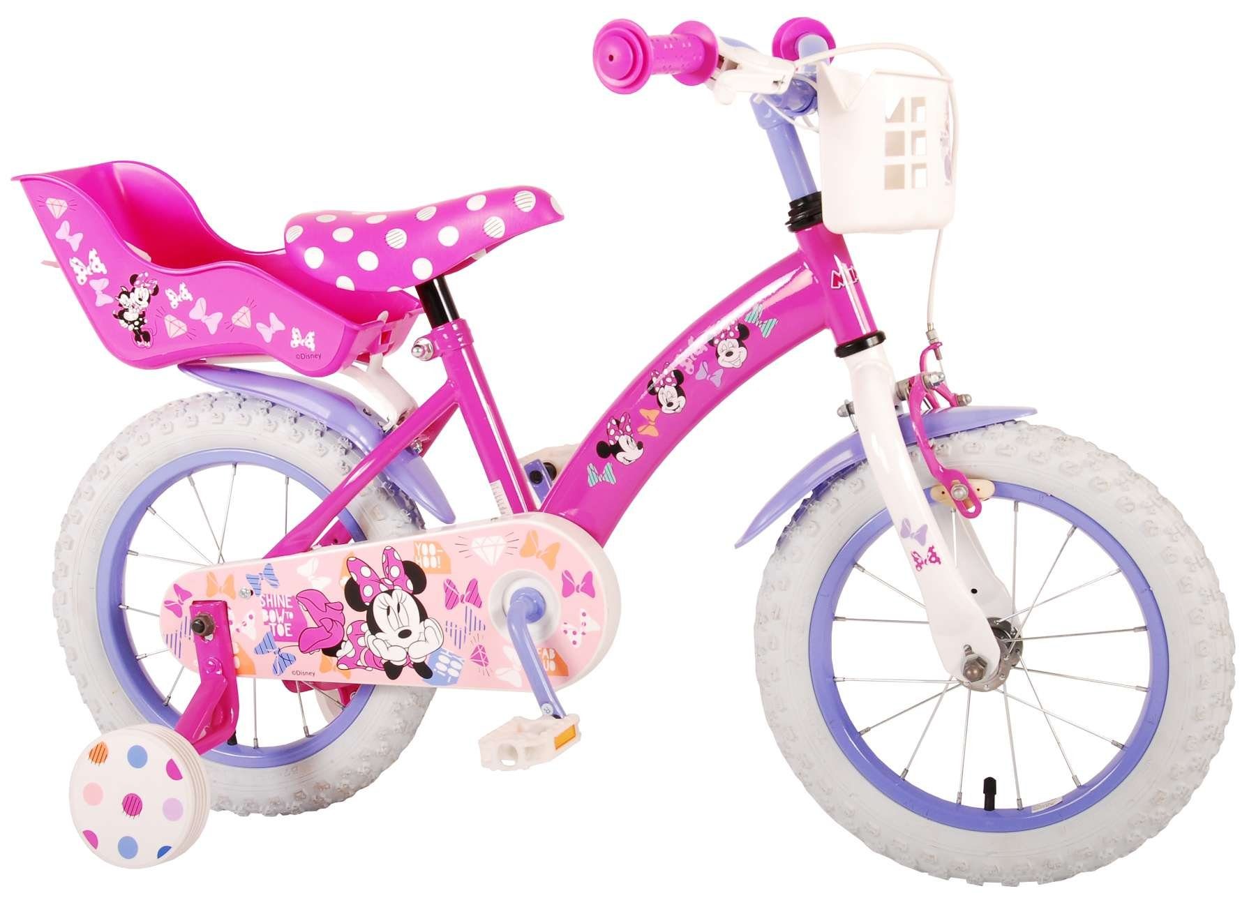 TPFSports Kinderfahrrad Disney Minnie 14 Zoll mit Rücktritt + Handbremse, 1 Gang, (Mädchen Fahrrad - Rutschfeste Sicherheitsgriffe), Kinder Fahrrad 14 Zoll mit Stützräder Laufrad Mädchen Kinderrad