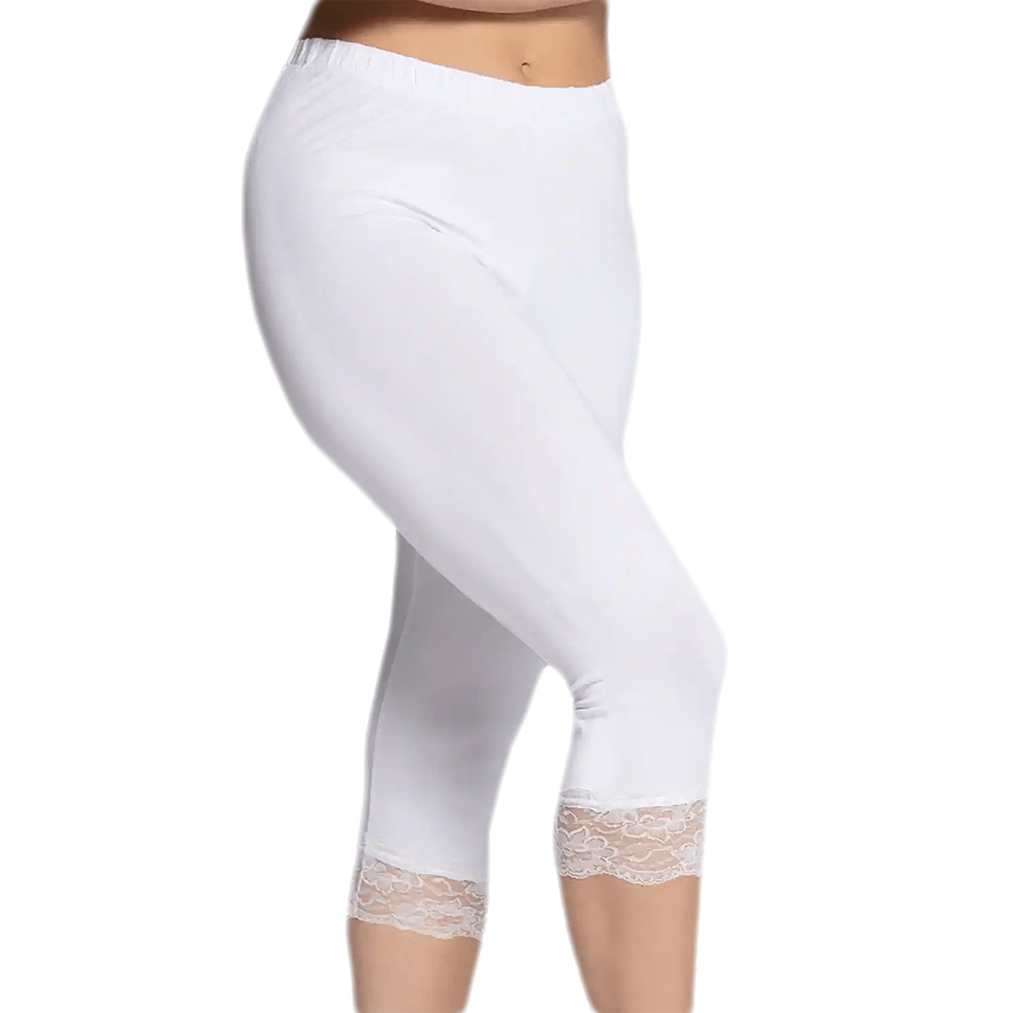 TEXEMP 3/4-Leggings 3/4 Damen Capri Leggings Leggins Baumwolle Sporthose Fitness Yoga (1-tlg) 95% Baumwolle - Mit Spitze Weiß