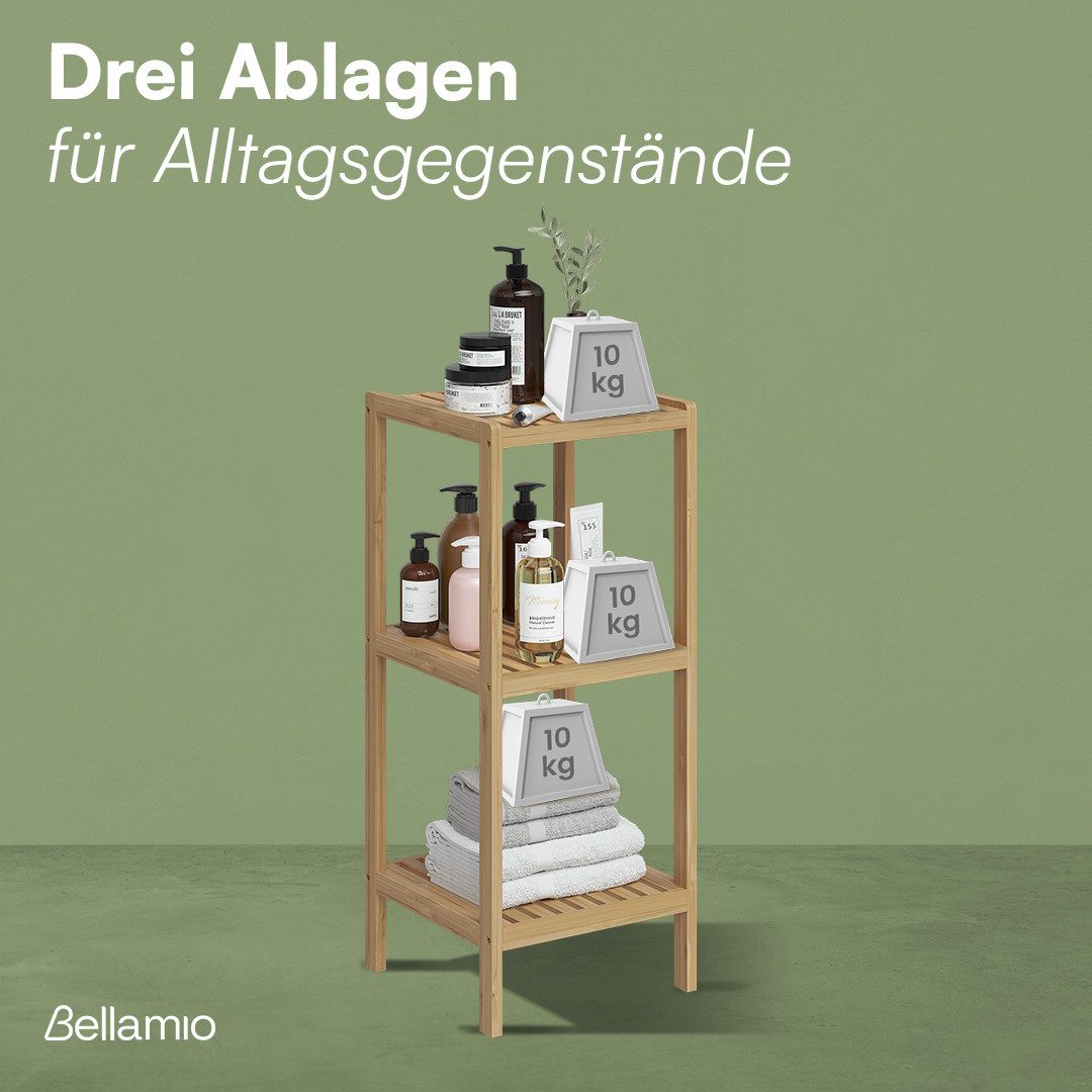 Bellamio Badregal Newa aus Bambus, 3 Ebenen, natürliches Standregal lackiert, verfügbar mit 3 oder 5 Ablageflächen