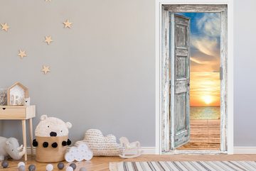 MuchoWow Türtapete Weiße Tür - Aussicht - Sonnenuntergang - Natur, Matt, bedruckt, (1 St), Selbstklebende Tapete, Folie für Möbel, 75x205 cm