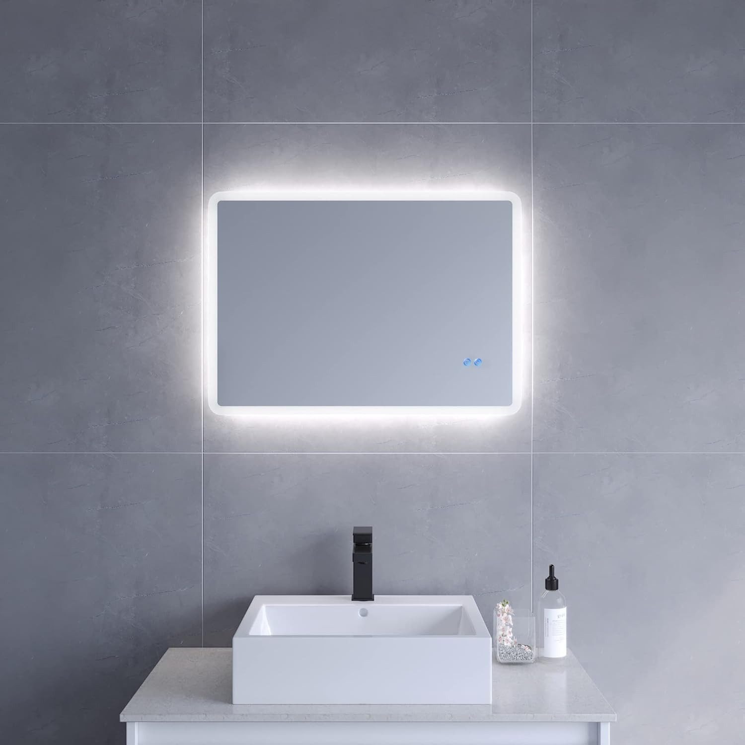 AQUABATOS Badspiegel LED Badspiegel mit Beleuchtung Lichtspiegel 80x60cm 70x50cm (Badezimmerspiegel Bad Spiegel Led Badezimmerbeleuchtung Spiegel Led Touch Wandspiegel Silber mit Rahmen Kaltweiß 6400k, Abgerundete Ecken, Dimmbar, Beschlagfrei), Umweltschu