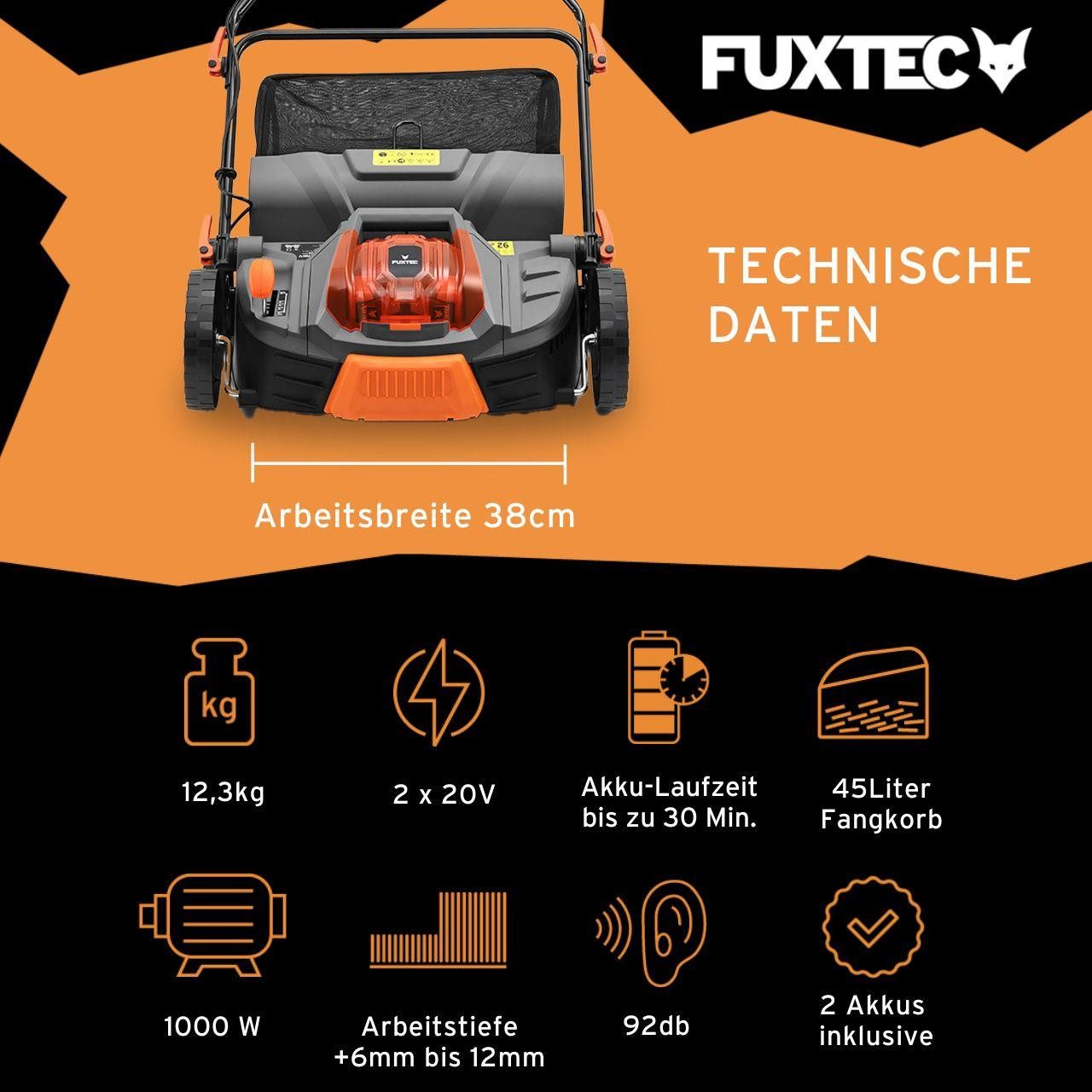 FUXTEC Akkurasenmäher FX-E2VE38SET, Arbeitsbreite 38 cm, 45 L Fangkorb, 2-in-1-Funktion, 2x20V Akku
