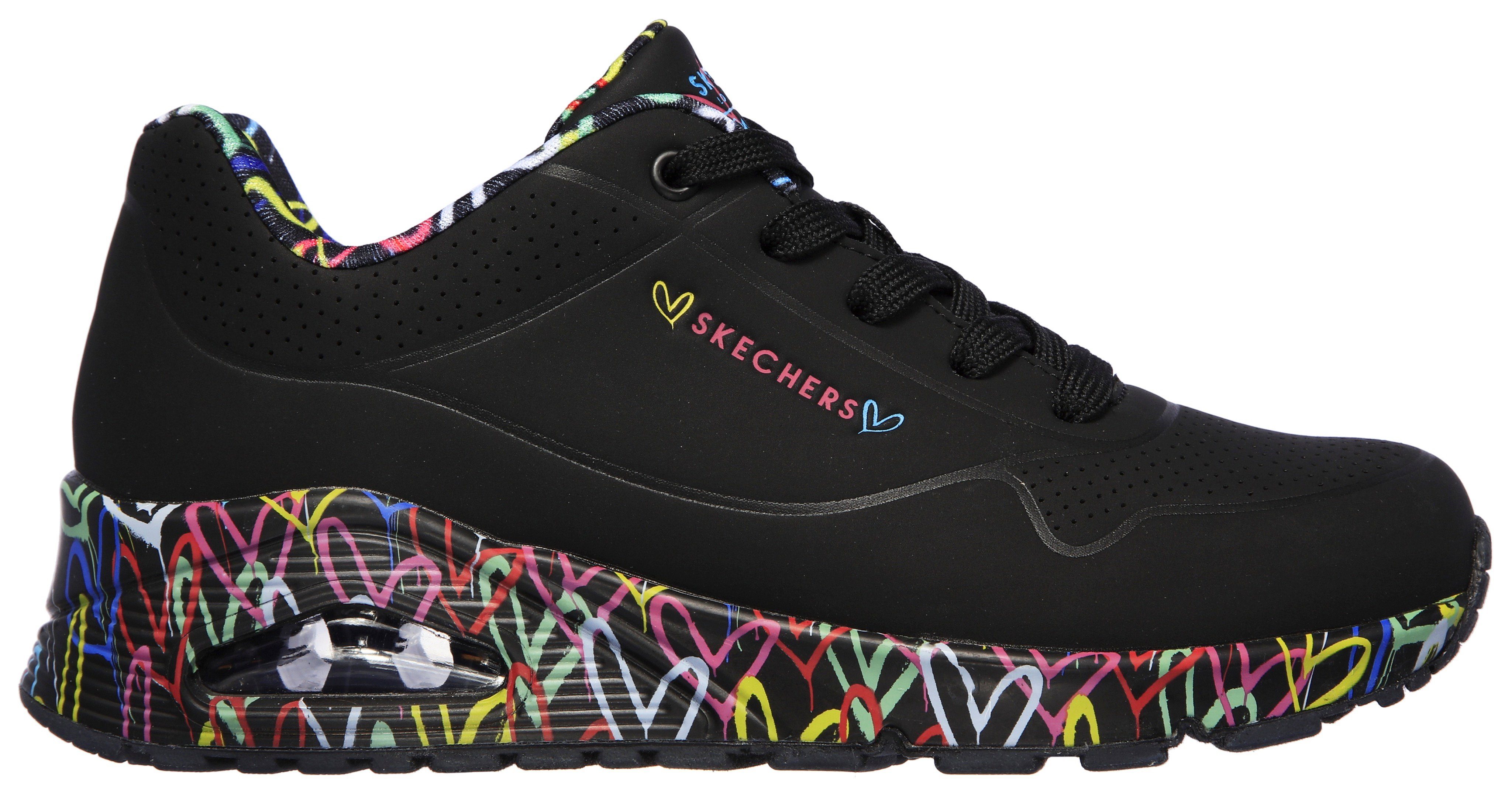 Wedgesneaker schwarz-bunt Skechers mit Graffiti-Print coolem LOVE UNO-LOVING