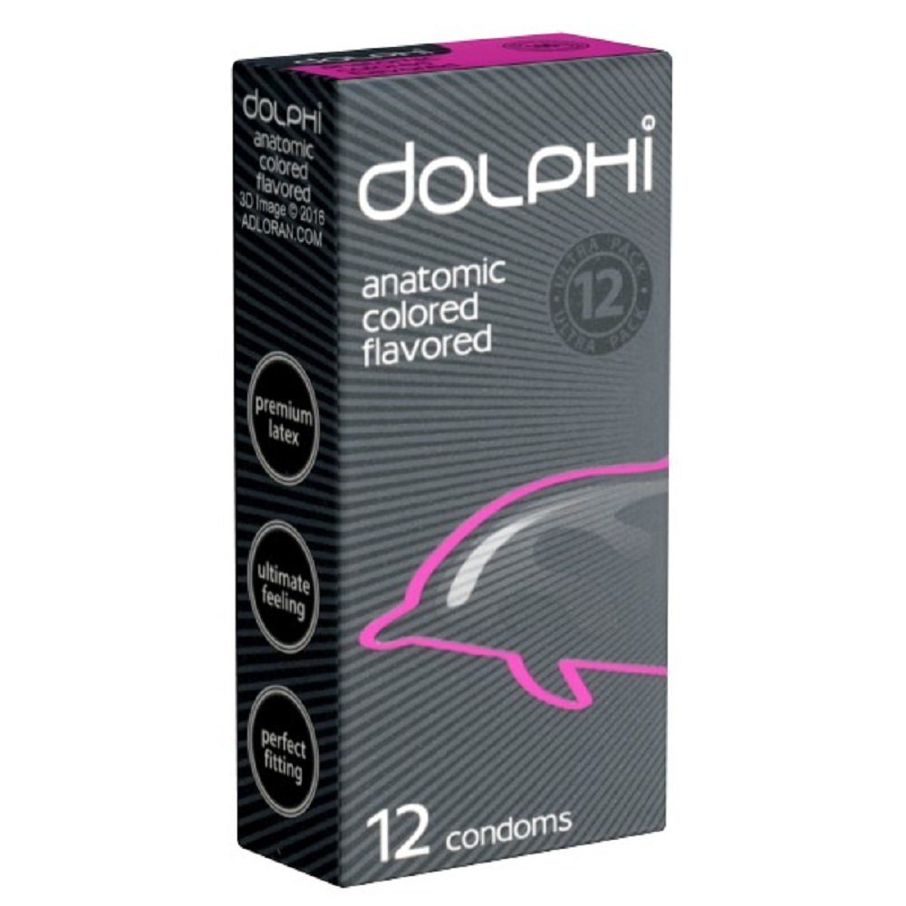 Dolphi Kondome Anatomic Colored Flavored Packung mit, 12 St., leckere Passformkondome mit Erdbeer-Aroma