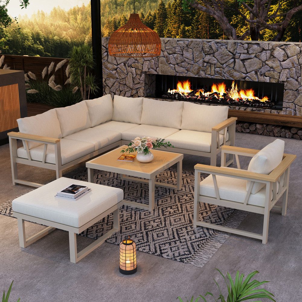 BBG Gartenlounge-Set 7-Sitzer Gartenmöbel Set mit Ecksofa, Outdoor Lounge Sofa, Couchtisch, (Gartenlounge aus verzinktem Stahl & Polyester, WPC Armlehnen), Terrassenmöbel Balkonmöbel Lounge Set Khaki Beige