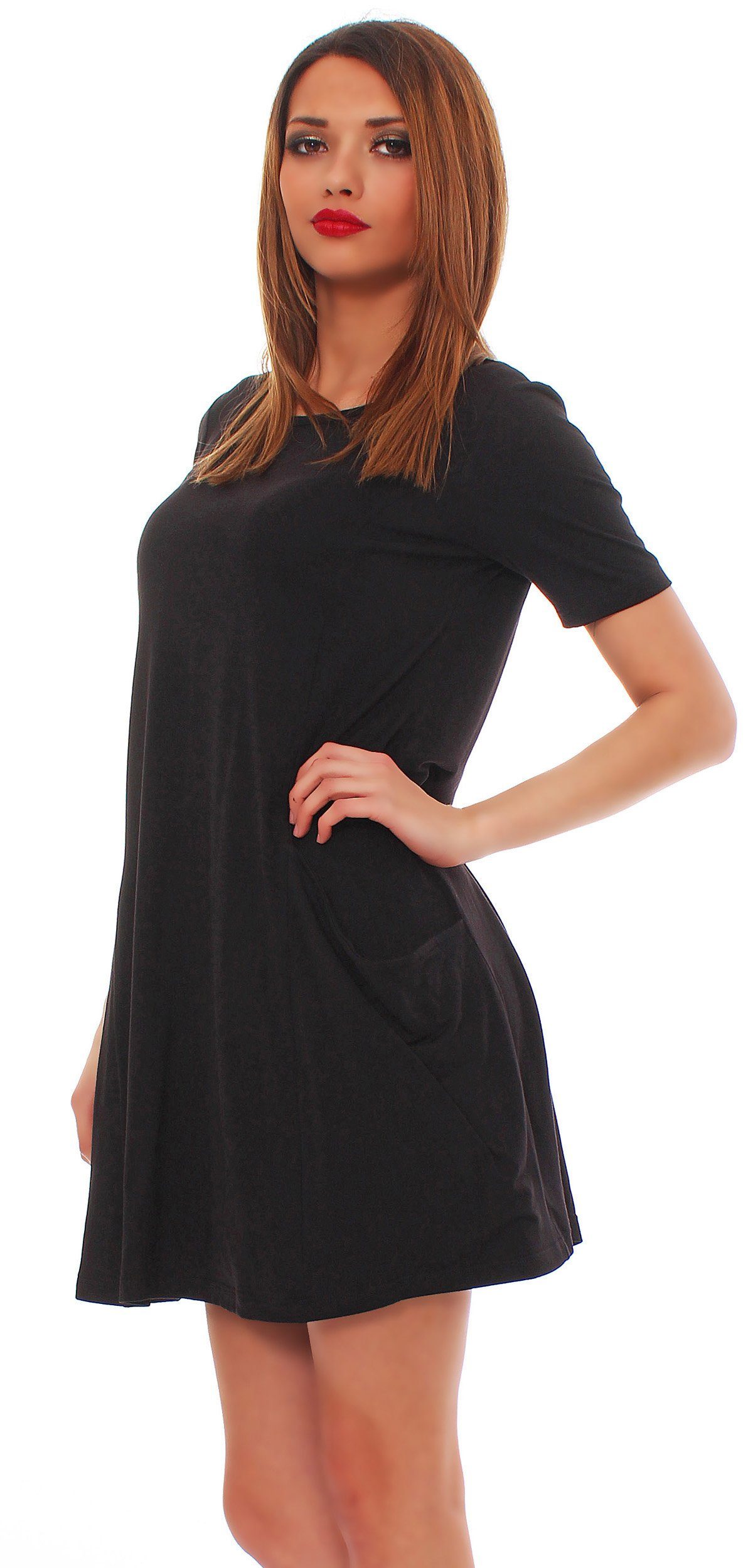 mit 6514 Schwarz_kurz Mississhop A-Linien-Kleid Kleid Taschen Pulli Longshirt Minikleid Tunika Tunika