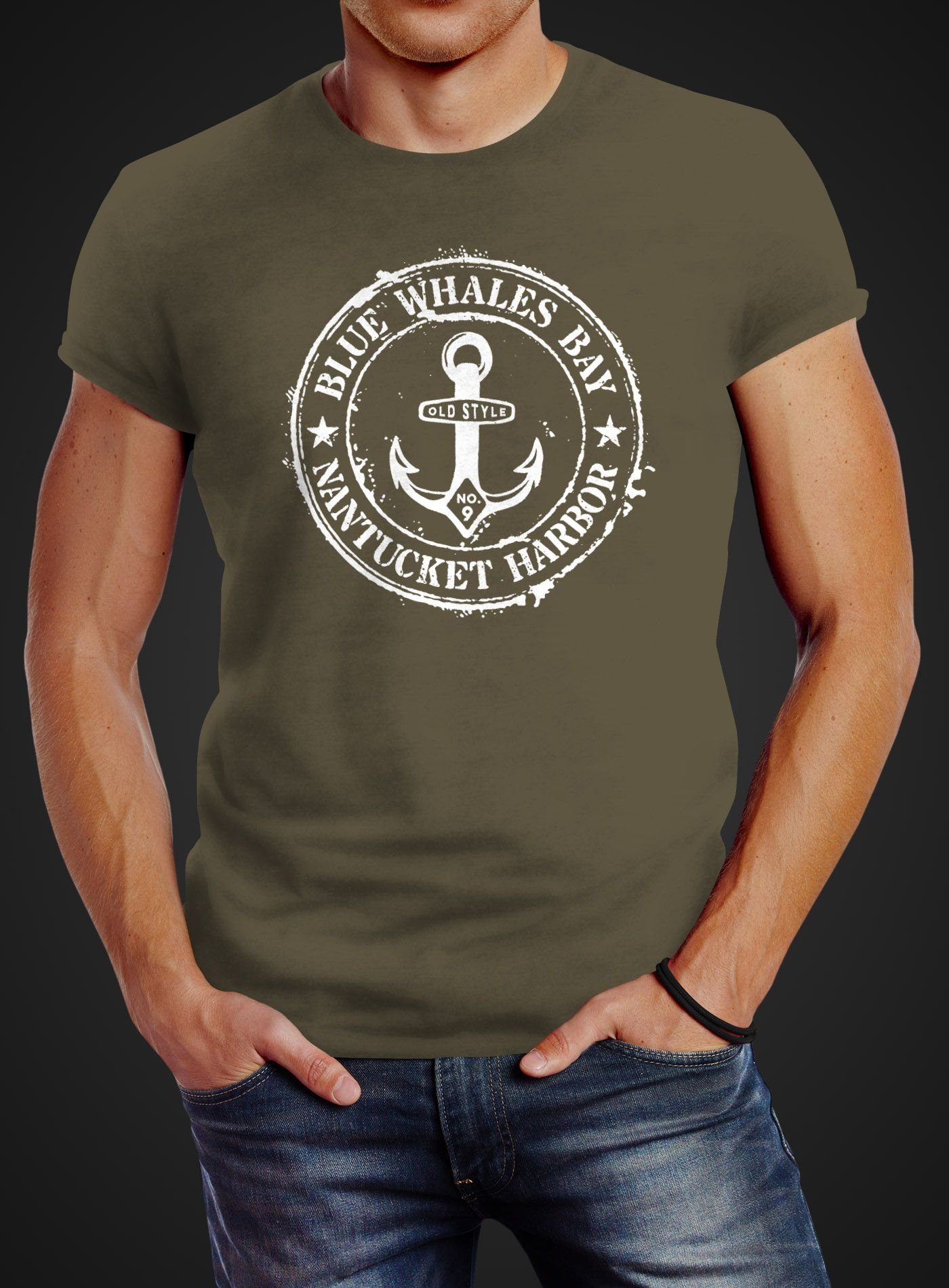 Neverless Print-Shirt Herren T-Shirt Anker grün maritim Anchor Badge Retro Motiv Print Neverless® Vintage Print mit
