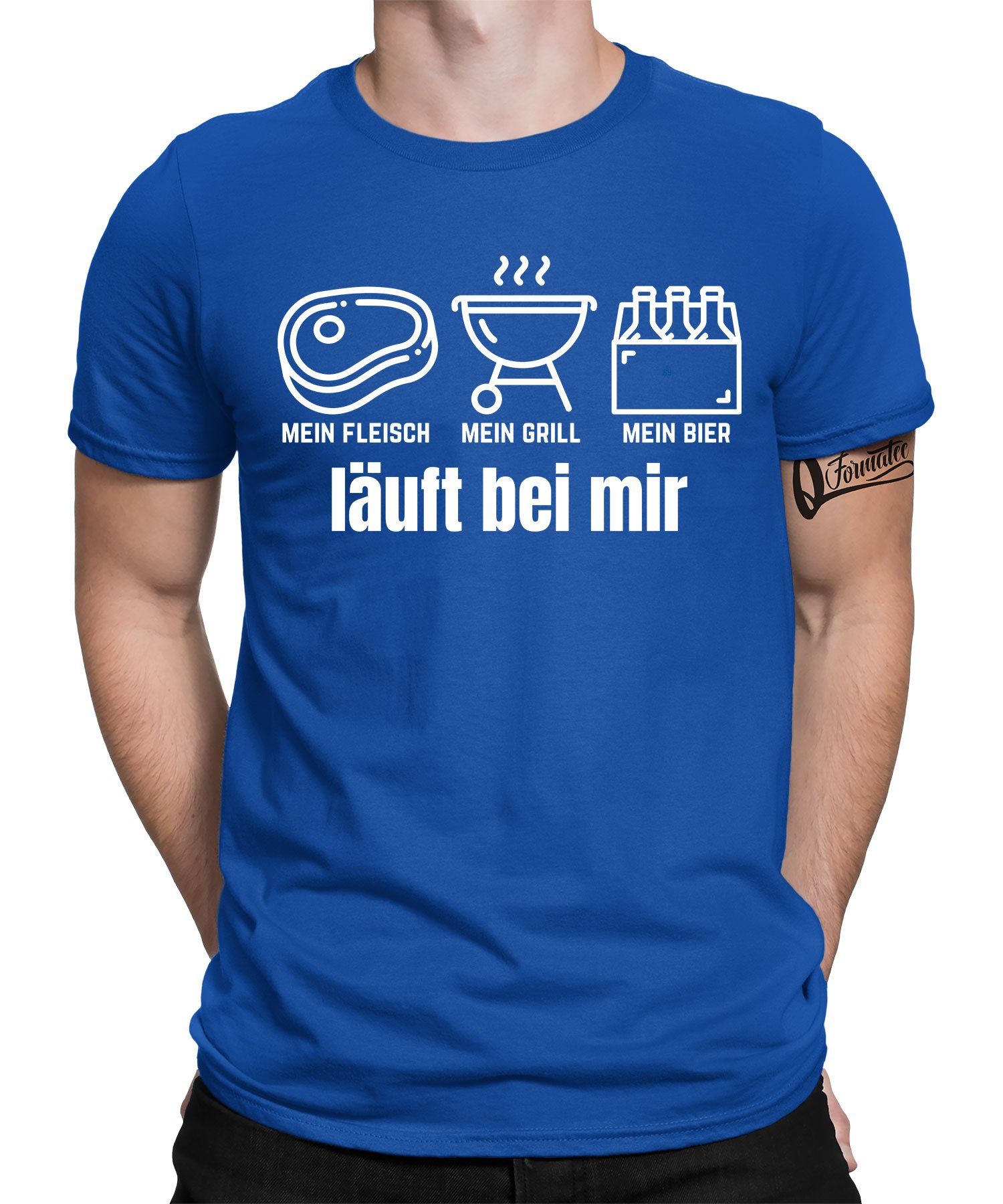 Blau Kurzarmshirt Statement Bier Herren Fleisch Spruch Grillmeister Quattro (1-tlg) Lustiger - Grillen Formatee