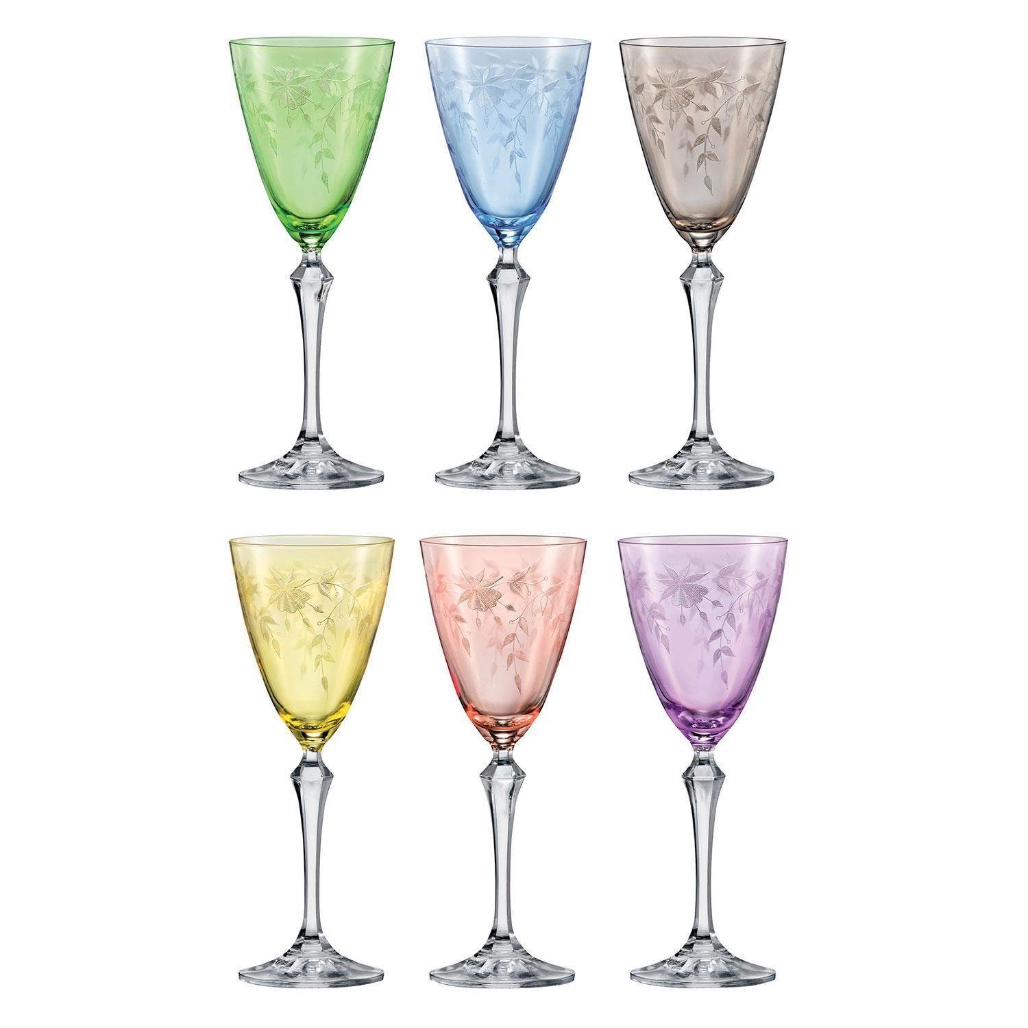 Crystalex Weinglas Келихи Weinglas Kristallgläser Floral 250 ml 6er Set, Kristallglas, Gravur, 6 unterschiedliche Farben, Kristallglas, Bohemia