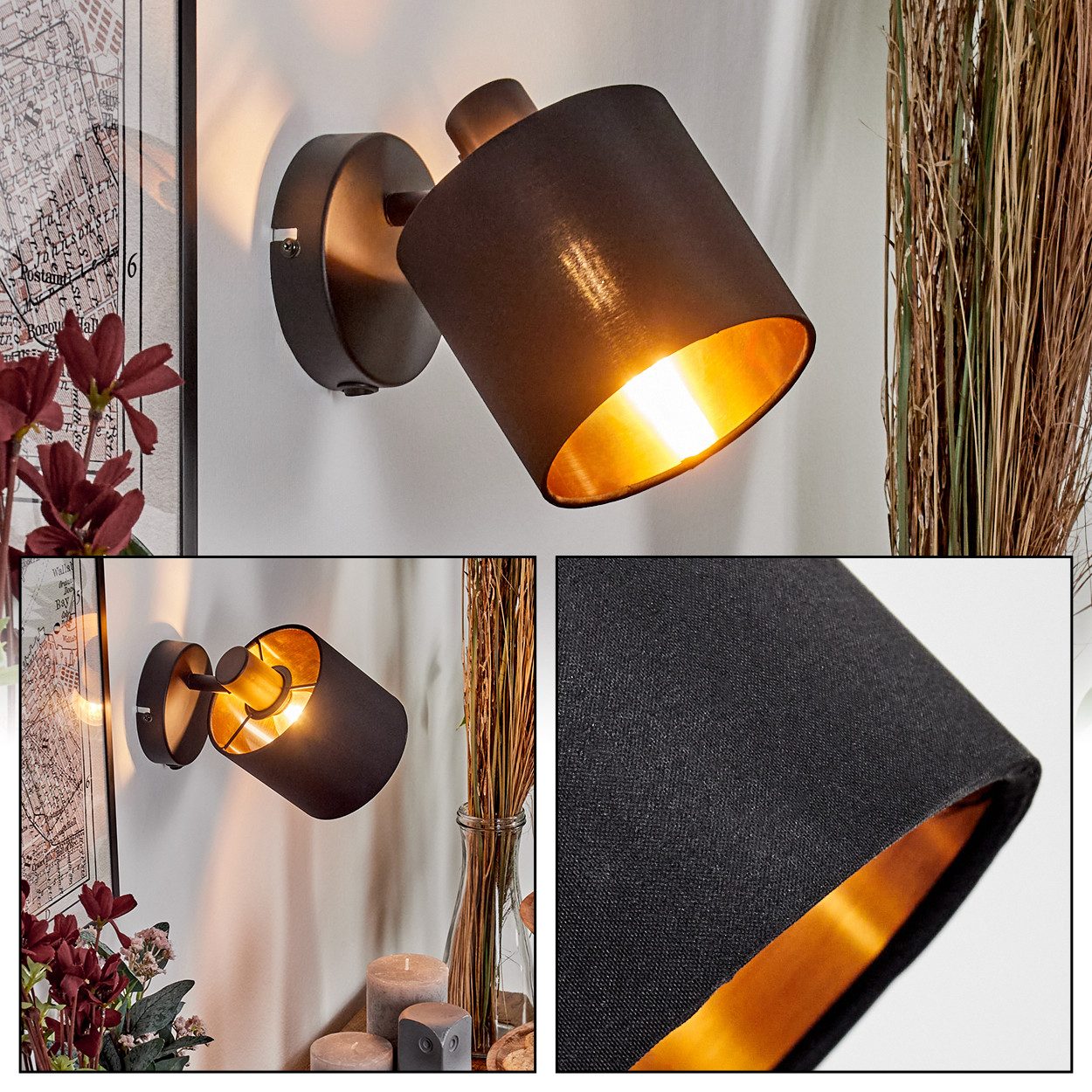 hofstein Wandleuchte Wandlampe aus Metall/Stoff in Schwarz/Kupfer mit Schalter am Gehäuse, ohne Leuchtmittel, verstellbare Wandleuchte im modernen Design mit Stoffschirm, E14