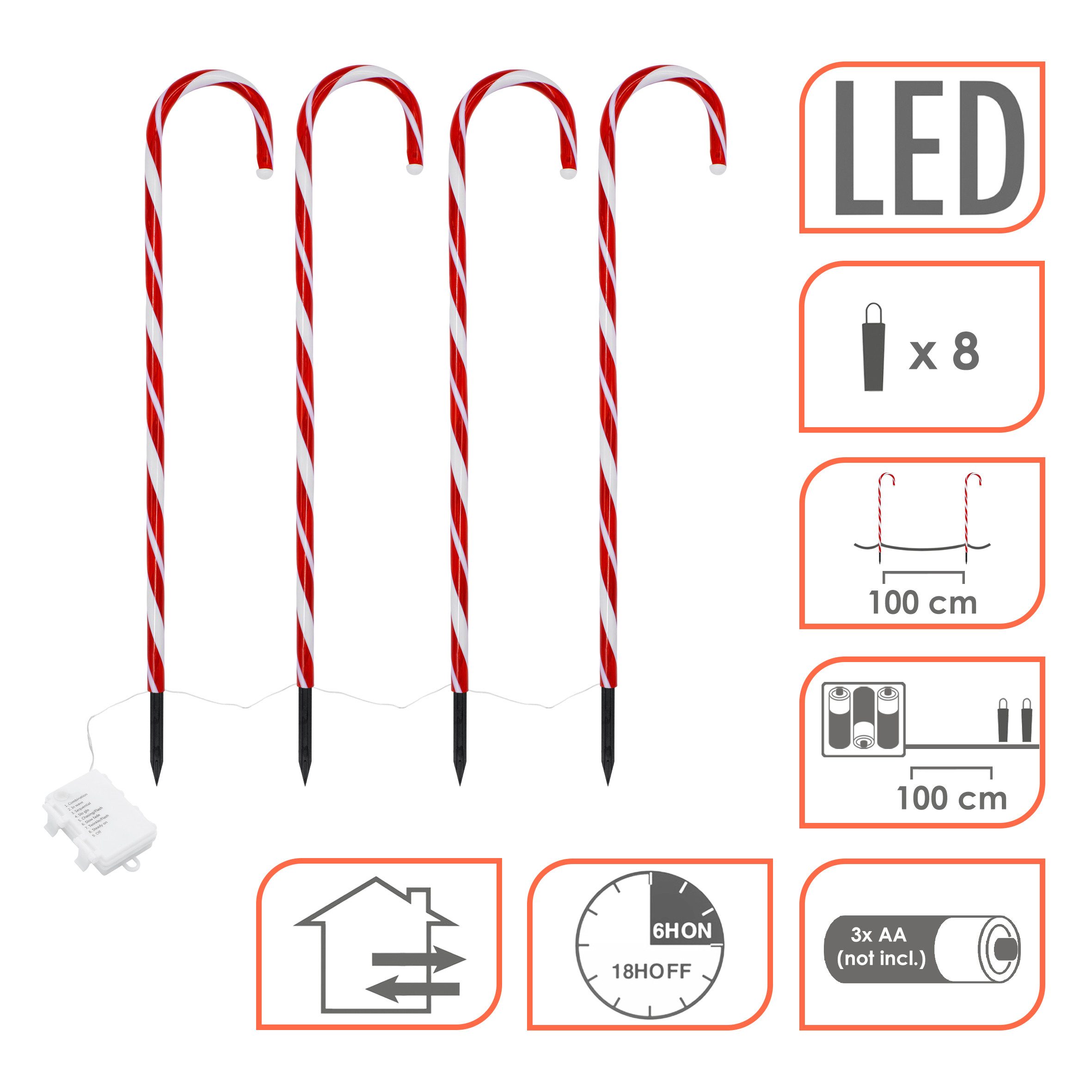 Spetebo Gartenstecker LED Zuckerstangen mit Timer (Anzahl, 1-St., Stück) mit 8 Leuchtfunktio