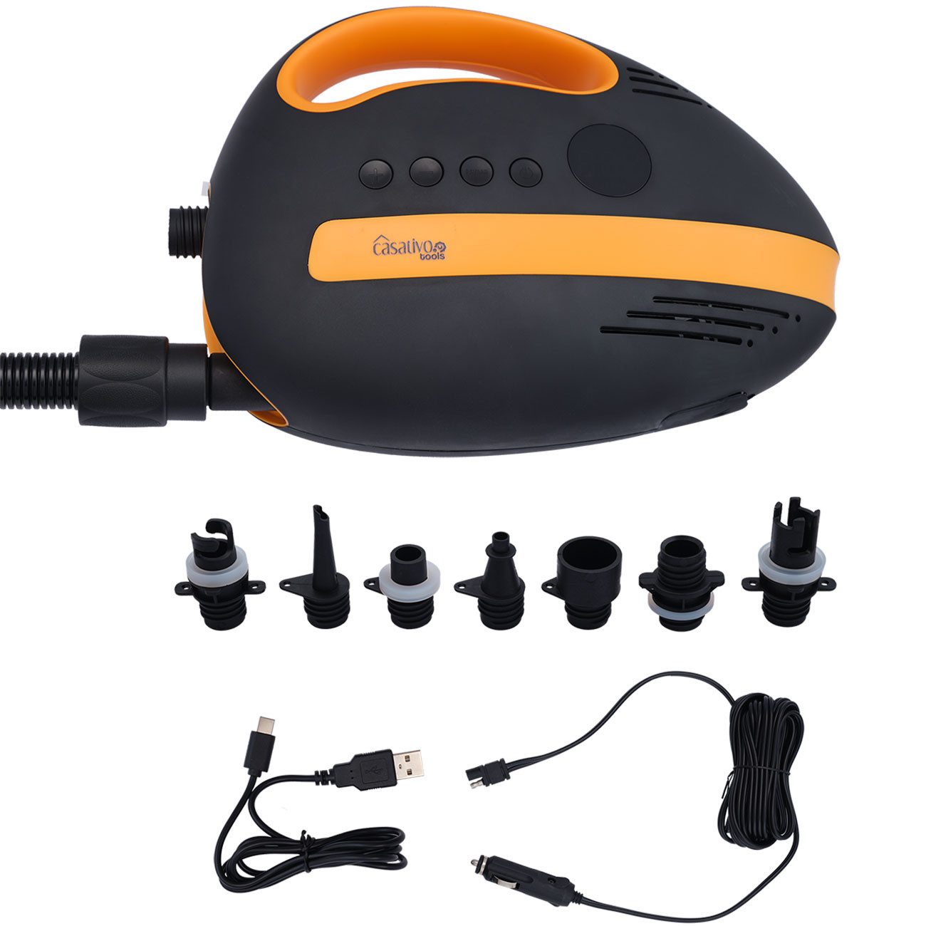 Casativo SUP-Pumpe Ultimative Akku-SUP-Luftpumpe: 20 PSI, 350 L/Min, USB, 12V, 5 Anschluss-Düsen, 2 Geschwindigkeitsstufen, LED-Display