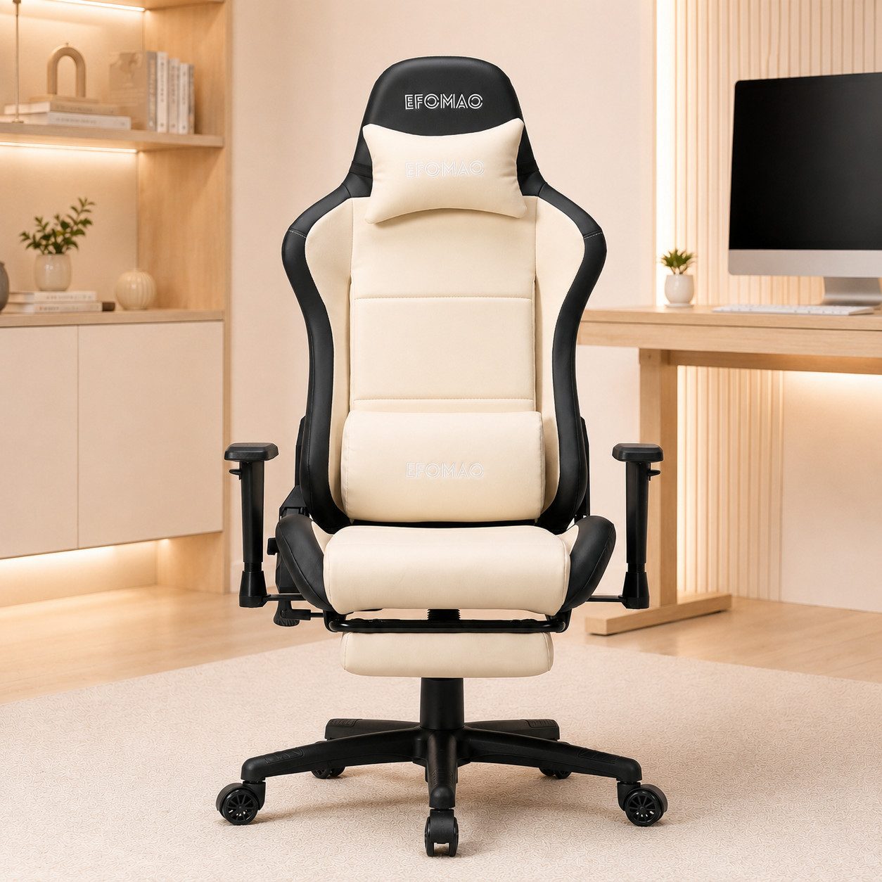 EFOMAO Gaming-Stuhl ergonomischer Bürostuhl mit ausziehbarer Fußstütze & Lendenkissen (1 St), 155° Liegefunktion, Höhenverstellbare Armlehnen, Belastbar bis 120 kg