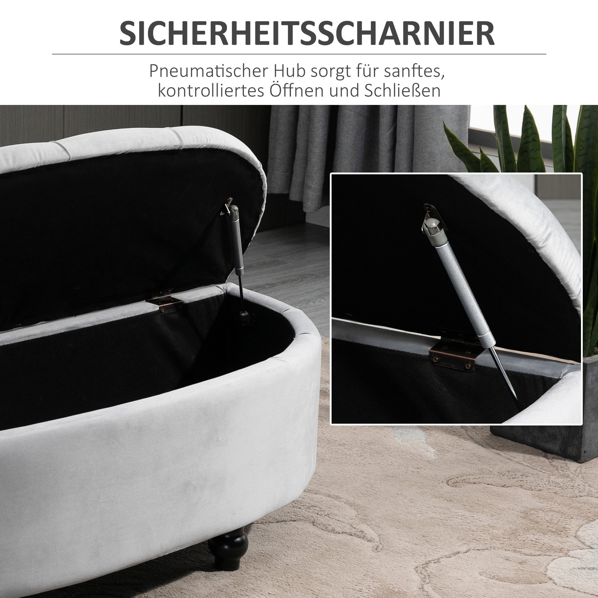 HOMCOM Sitzbank Polsterbank mit Stauraum und Samtoptik, Truhenbank (Bank, 1-St., Hocker), für Wohnzimmer, Grau – Bild 5 von 5