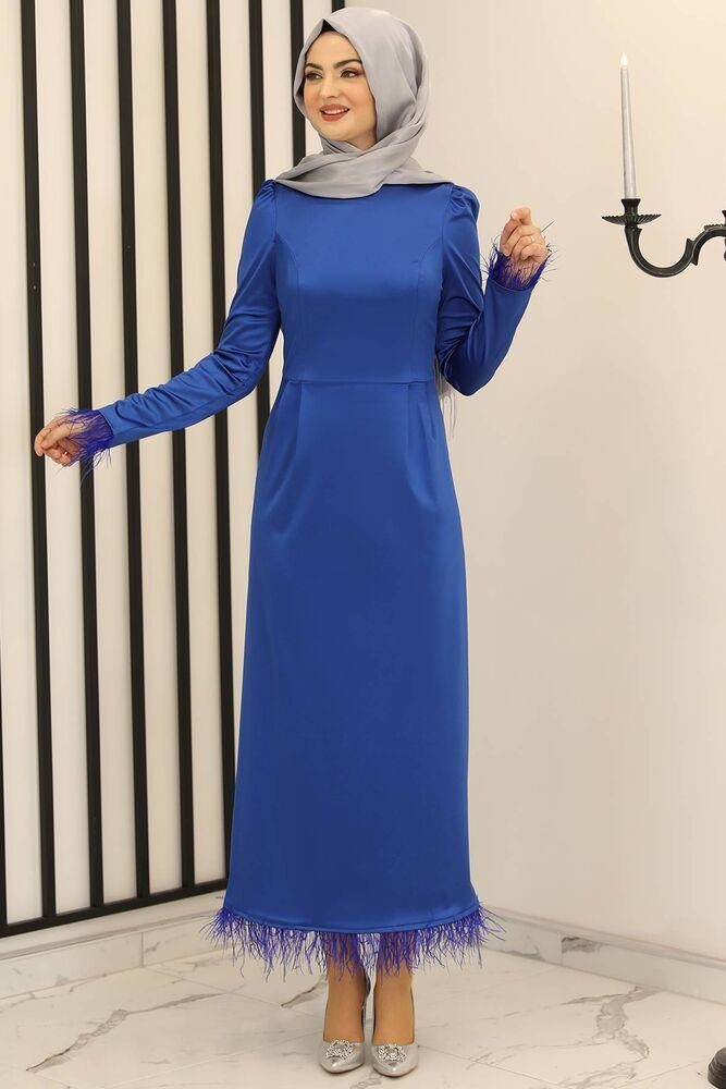 Damen Fashion Modavitrini Blau Kleid Satin Satin Abiye Abaya Abendkleid Satinkleid Hijab Modest glänzend
