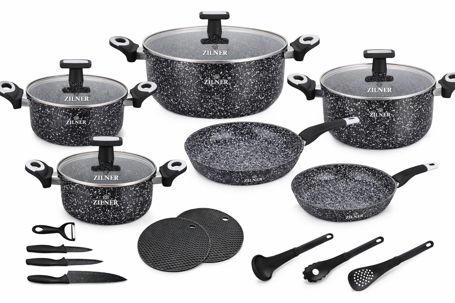 Zilner Topf-Set 19 tlg Graphitfarbenes Topfset mit eleganter weißer Sprenkeloptik, Aluminium (Sichern Sie sich jetzt dieses vielseitige Premium-Kochgeschirr-Set und verwandeln Sie jede Mahlzeit in ein komfortables, stilvolles und professionelles Kocherlebnis., 19-tlg., Passt in jede Küche)